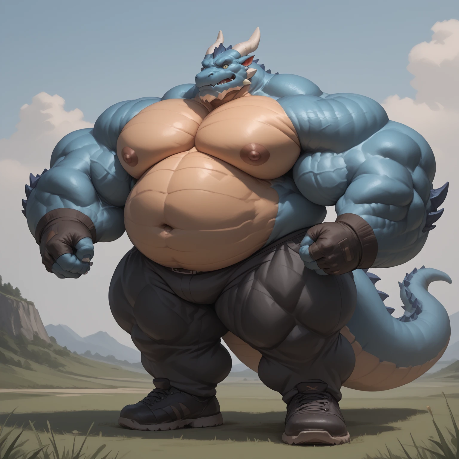 Godzilla, anthro, Gigantic breasts, big nipples, large areola, black nipples, thin waist, Gigantic ass, pussy, thighs, bare feet, nude, completely naked, standing