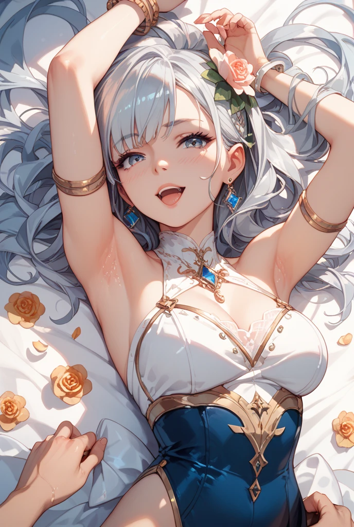 quadratic element，bit girl，Breast patches，Adhesive bandage ，fullnude，White hair，white backgrounid，Squat，Moderate breasts，looki at viewer，Legs slightly open，One sheet，shiny skins，Very long hair，Perfectly realistic，v