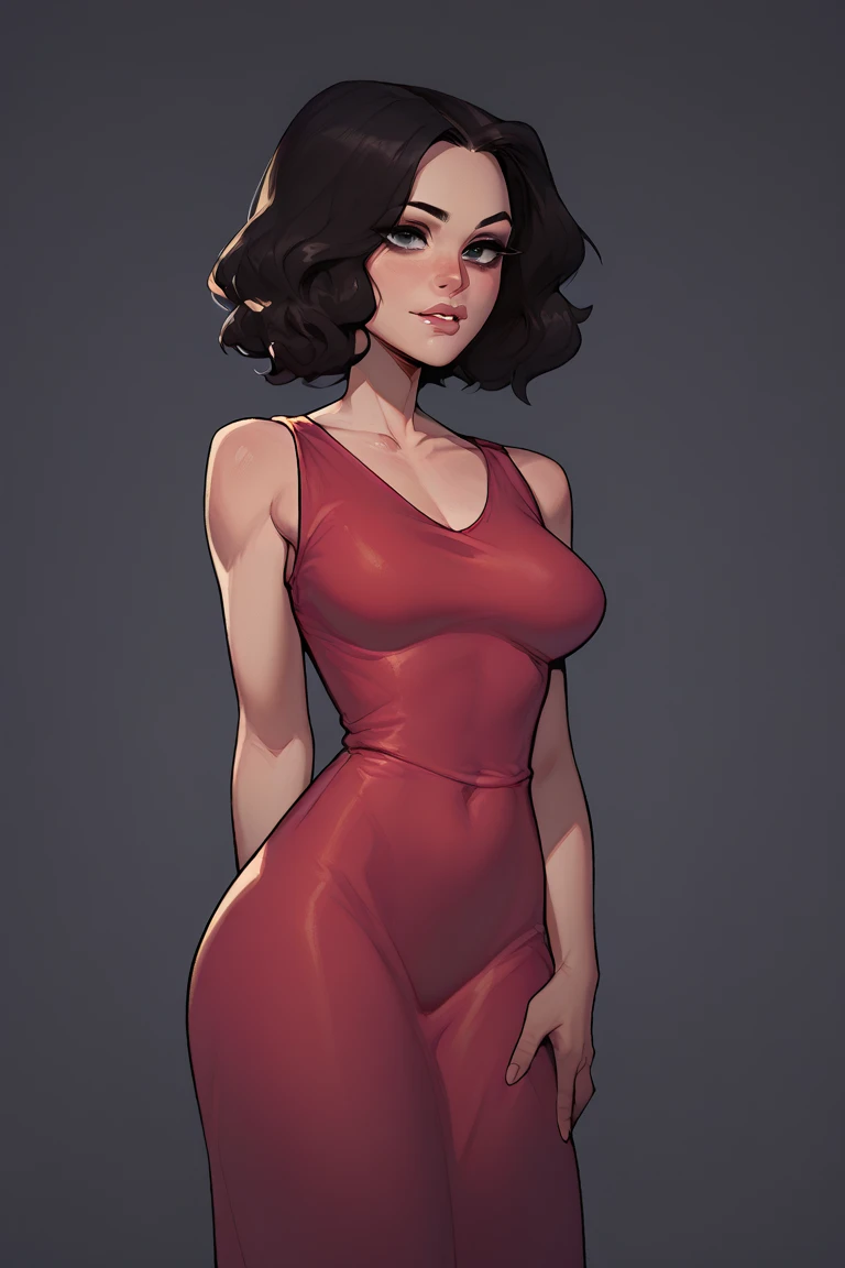 score_9, score_8_up, score_7_up, score_6_up, Character concept art of a asian milf, black lips, bob cut, cute face, gown