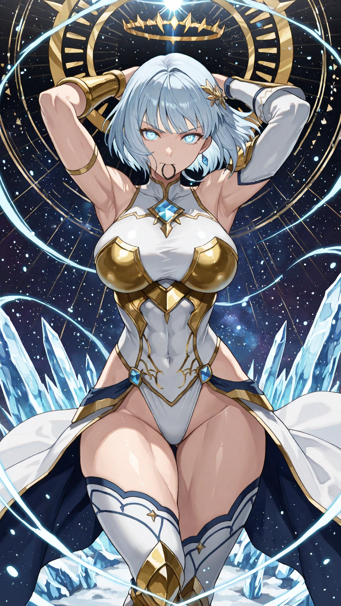 The erotic silver saint in a super high-cut, risqué slingshot and string swimsuit outfit has her hands raised, her legs spread wide, and is tied up with chains, suspended in mid-air, unable to move and feeling embarrassed.(((SFW、sound、Highest quality、first-class、masterpiece、Normal body、8k、Detailed face、Ultra-precision、Normal hand、Normal finger、5Finger、Highest)))、After repeated training, she has fallen into a state of pleasure and is always in heat, with her eyes turning into hearts.、Heart Eyes、180 degree split、Small breasts