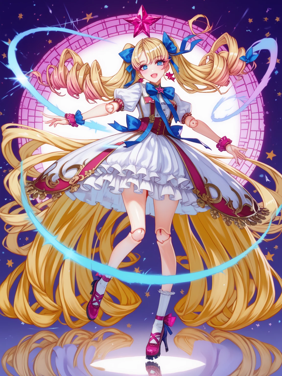 masterpiece, highest quality, High resolution, Hmm., Twin tails, tiara, blue eyes, Long Hair, Ahoge, hair ornaments, Idol, dress, gloves, Are standing, Cowboy Shot, smile, Holding a microphone, Open your mouth, stage, Reaching out,R18,Tentacles,Tentacles拘束,Tentacles挿入,Naughty attack,Ecstasy,Costume damage,Naughty expression
