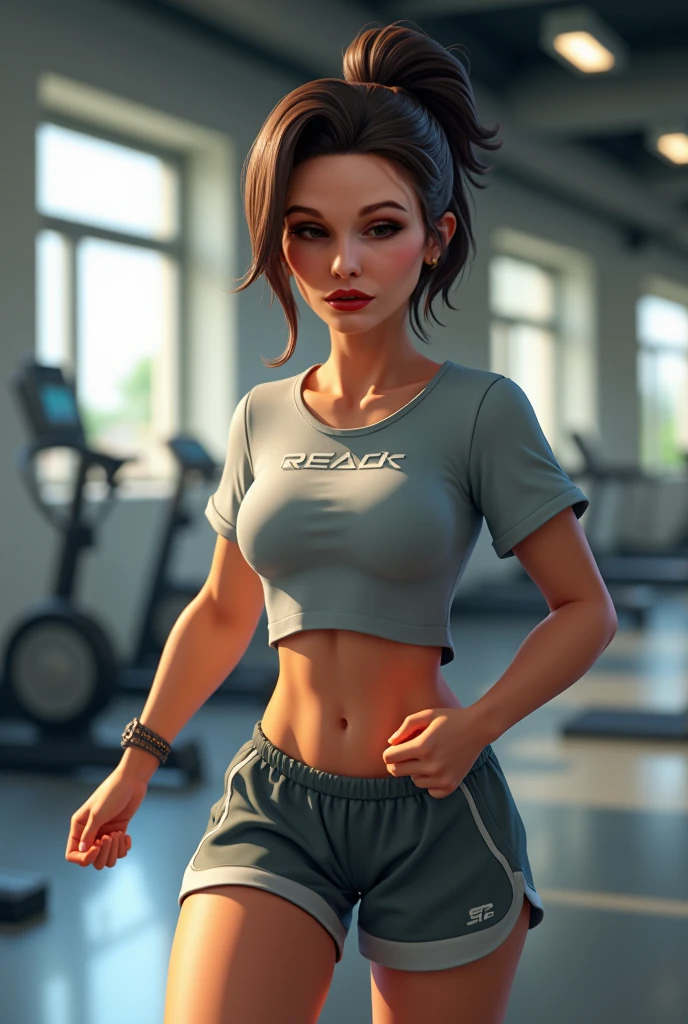 1girl, european girl, the bun hirstyle, light-brown hair, oversized white t-shirt,white pantyhose, without lengire, standing, school gym, school, realistic, source_photo, deatiling panting, brown eyes, detailing body, front view, without shorts, camel toe