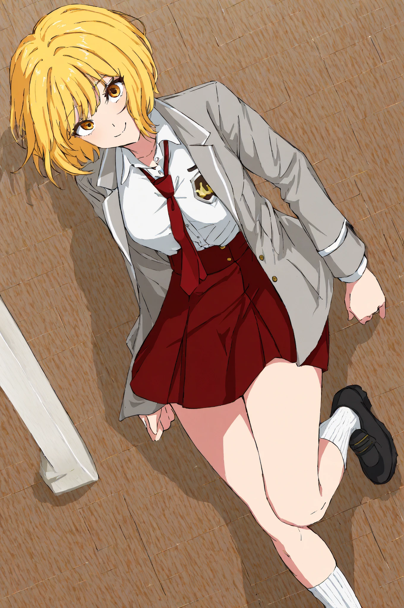 <lora:hanaprisonschool_pony_v1:.8> hanaprisonschool, 1girl, blonde hair, school uniform, brown eyes, pleated skirt, jacket, blazer, blunt bangs, short hair, ribbon