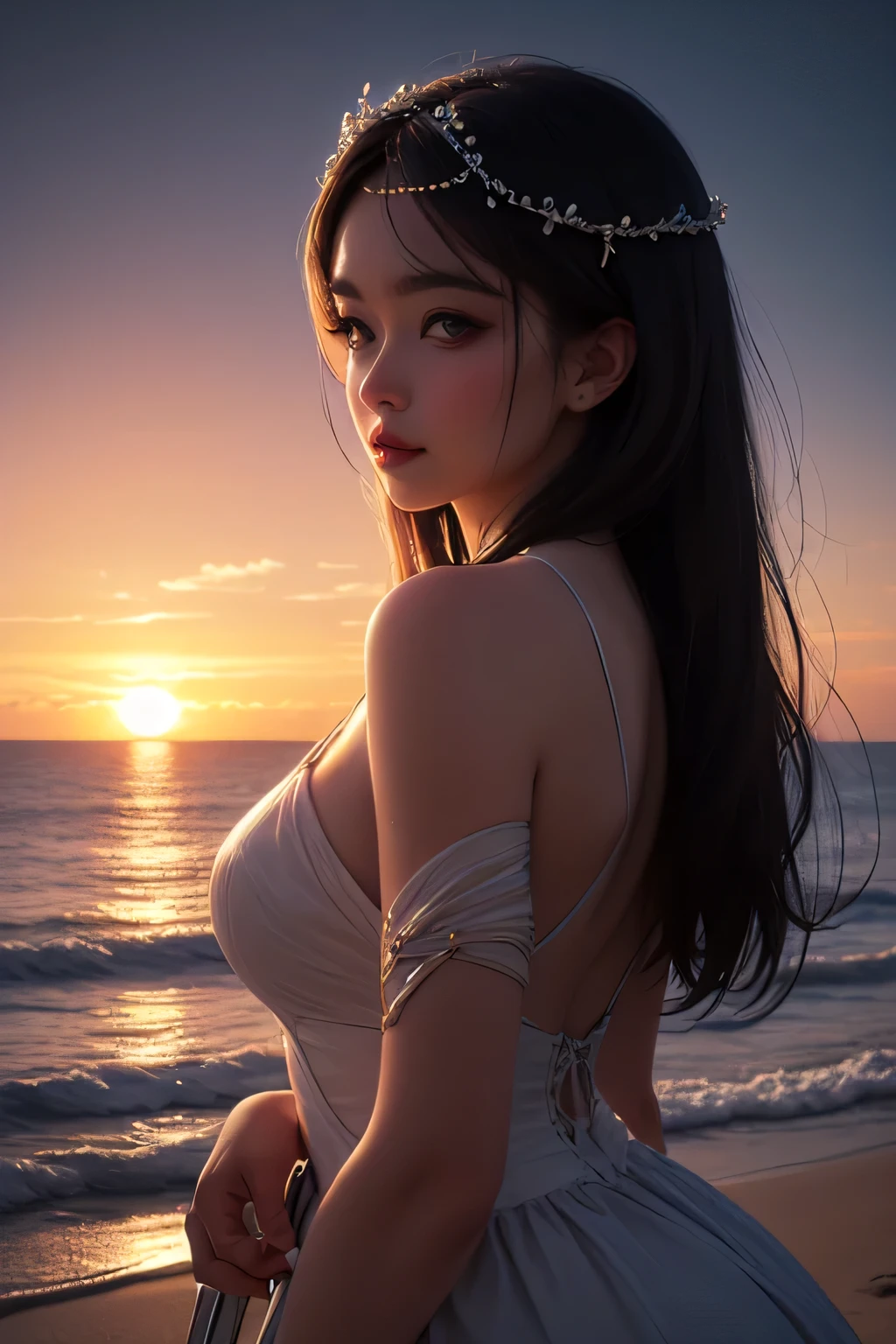 High resolution、masterpiece、Well-formed face、One Woman、The background is the beach、Full body photo、sunset、White Dress、(Big Tits 1.5、)No underwear on、See-through clothing,
