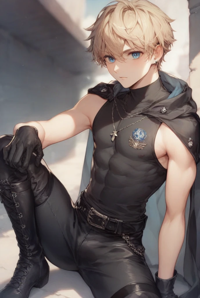 high quality, detailed, Realistic, (19 years old japanese idol slave boy), (detailed blue eyes), (blond short hair), (abs:1.5), (dark shiny skin), (leather bondage), dungeon, harness, (leather tiny thongs:1.4), (bulge:1.2), (detailed nipples), detailed areola,