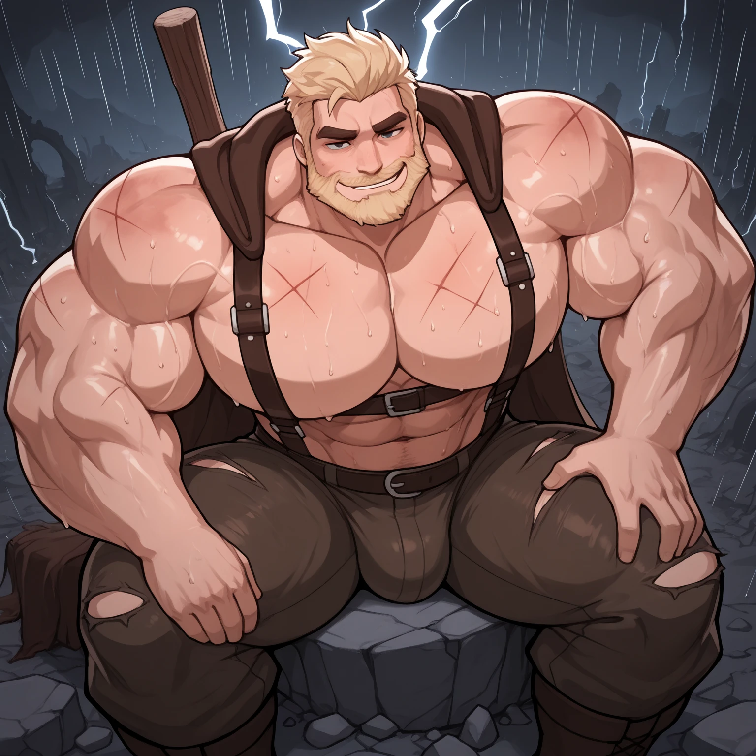 ((1 man)) Beautiful face man, with bull horns, blonde hair, bushy blonde beard, muscular, big pecs, pink nipples, heart shaped tattoo, Tattoo on belly, with seductive look, big lump, open legs, set in a park, at night, wearing thongs, black boots, shirtless, without pants.