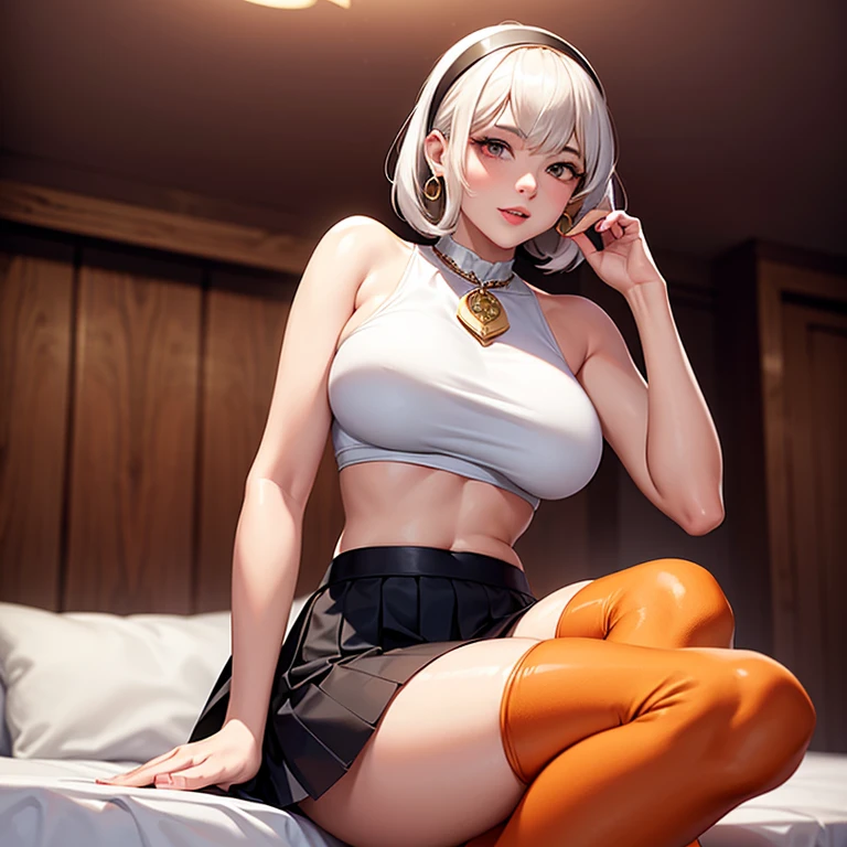 ((Raw photography,top-quality,hight resolution,Ray tracing,nffsw,Best Quality,Post-processing,portlate.3D,PureErosFace_V1:0.7,),(( Shiny white leather bondage costume,golden luxury embroidery,white bdsm,mistress,Bold figure,tight skirts,)))((((short hair hair,Emphasize cleavage,huge tit:4.0,Thin leg,Otto's eye,Elaborate depiction of limbs,a small nose,Have a perfect body,sleeveless,)))),((tthin eyebrows,long eyelashes,smil,double eyelid,Vibrant eyes,looking down on viewers,red lipsticks,)),Create beautiful light effects on the background,Light Particle Filter,(finerly detailed face:1.3),chies