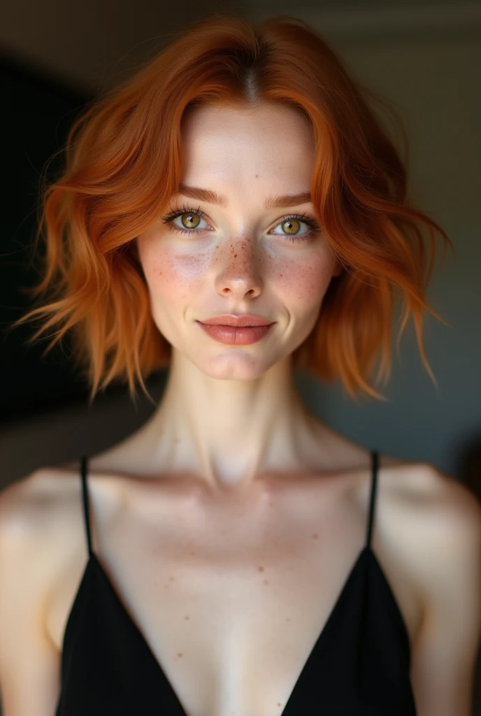 (((full body shot:1.4))), short messy red-haired woman 18 years old portrait of a normal woman, a young redhead, red hair with freckles, very beautiful model,small breasts