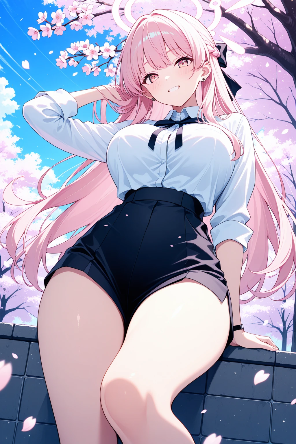 4k, ,Lens flare, pink hair , blush, blushing, 8k, best quality, 1 girl, detailed, Detailed fuchsia hair ++, detailed pink eyes ++, raytracing, perfect shadow, highres, enhanced eyes, huge ass,, plain white background, evil grin, yandere, crouching from behind, massive ass, long hair, no background, white background, fully clothed, thigh highs, hot girl, pink and blue sexy outfit