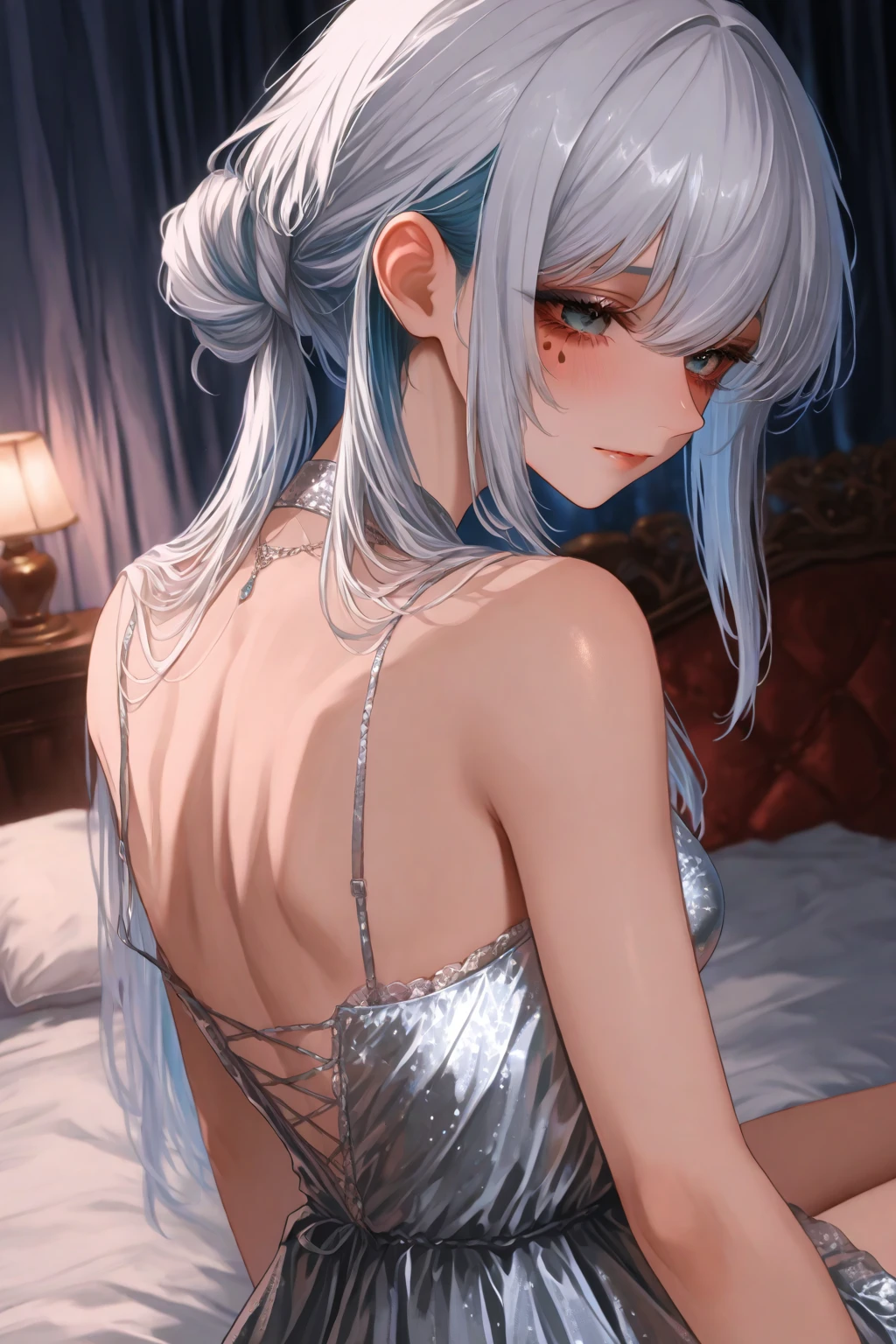 1girl,solo,<lora:AK12EveningGown:1> ,evening gown,halterneck, large breasts,  night, 
from behind, closed eyes, grey hair, hair up, ponytail, medium breasts, 
back,indoors, bedroom, light smile,