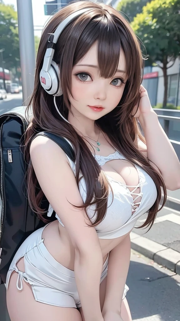 最high quality, 8K, masterpiece: 1.3, Ultra HD, high quality, 最high quality, High resolution, realism)) 、25 year old white woman、brunette、blue eyes、long hair、smile、slender、slenderだがアスリートのような細マッチョ、I don't want my head to disappear from the screen.、Wear accessories on your wrist、Wearing red nail polish、I have a peticure、aerial perspective((atmospheric perspective))、smile((smiley))、background blur((depth of field)、Wear a sheer, off-the-shoulder bodycon top、wear sandals、have a clutch bag、Skyscraper background、Waiting for a traffic light at an intersection、crystal earrings((crystal earrings))、inner color((colored inner hair))、long hair ((long hair))、dark blonde、Bangs at the parting((parted bangs))、Cat ear headphones((cat ear headphones))