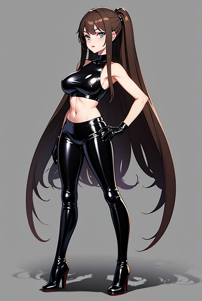A beautiful adult woman with shoulder-length hair, big breasts, and beautiful legs is standing blushing in a black high-leg leotard at a supermarket.。