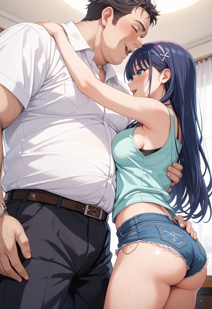 Chabashira Sae,Denim shorts,Black knee-high socks,Black thigh-high socks,White shirt with rolled up sleeves,penis,Slender and sexy woman,Black Hair,ponytail,Fat naked man(Grinning face),recording,Place your hands behind your back,Are standing,Sweat,Thigh job,A lot of semen,Painful face,Thigh job,Cum on thighs,A lot of semen,
