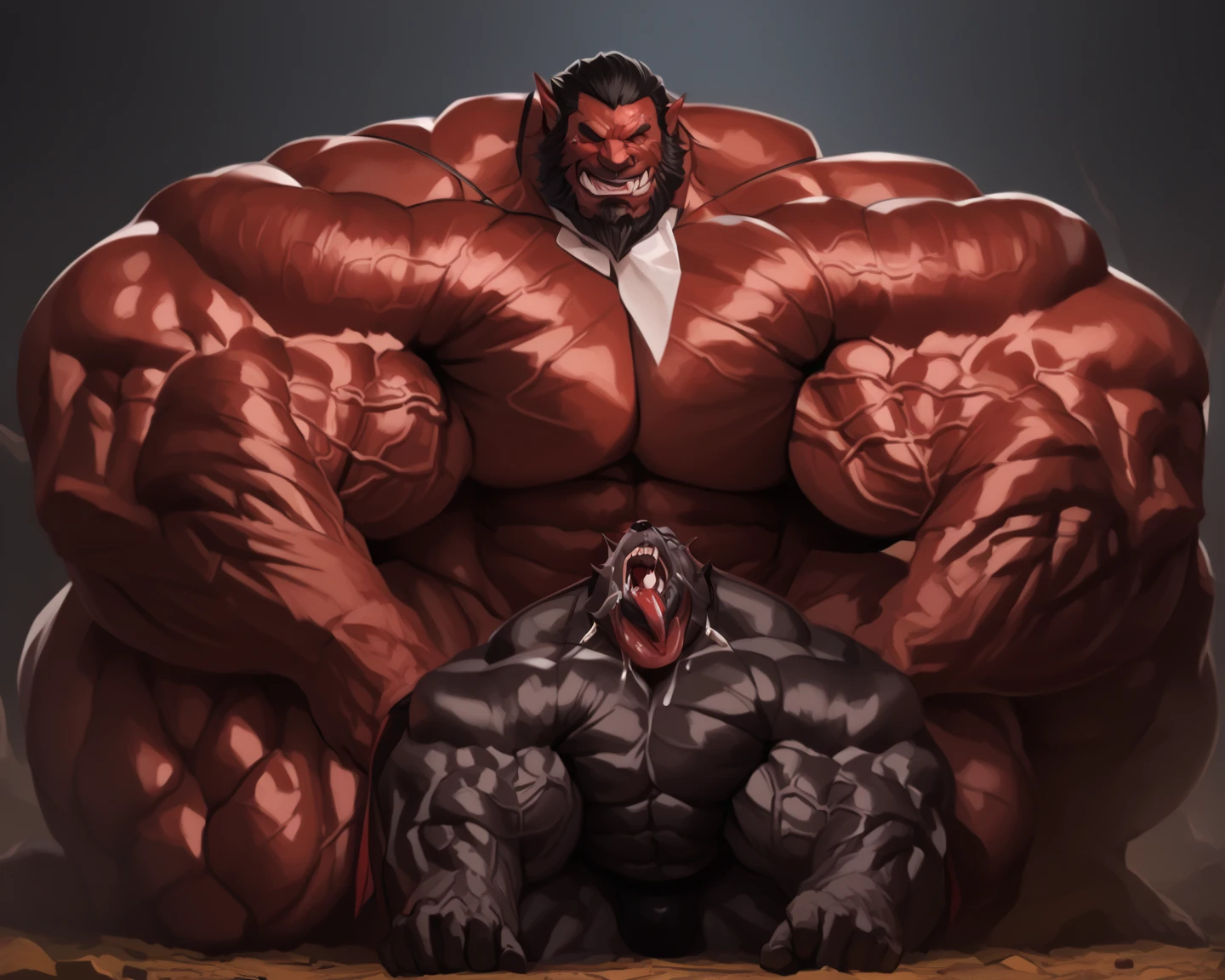 Full body shot of old giant sitting in sauna。Just as big，Too much muscle。The bronzed old man in shorts has a particularly large body。Strong and powerful, hard like a piece of iron, well-developed, full of strength, with a lot of flesh, and black skin。The whole body is getting bigger and stronger