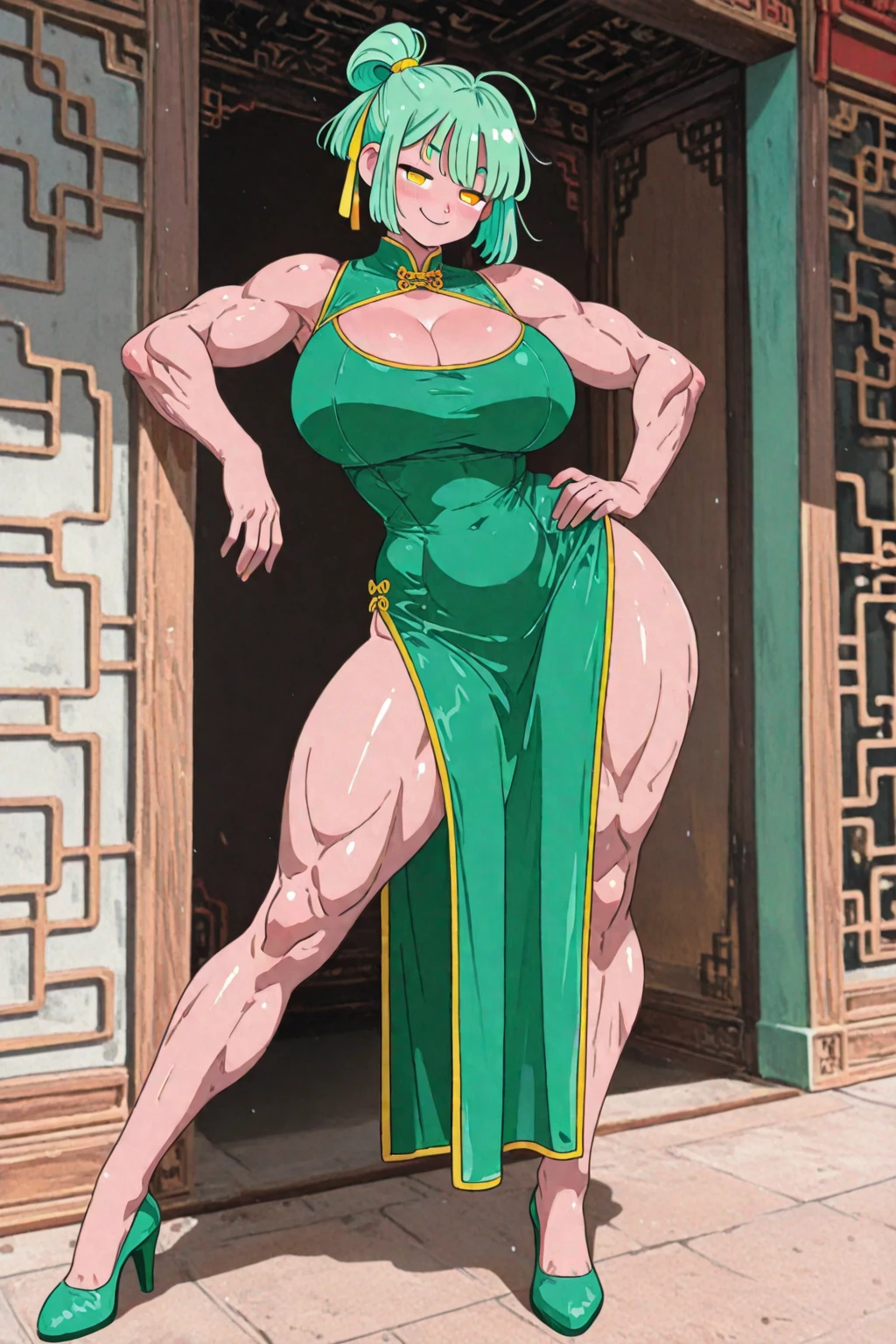 Best quality, solo mature woman, enormous breasts, giant ass, very curvy, tanned skin, ballroom hairstyle, pastel green eyes, full lips, seductive, smiling, ballroom dress, long gloves, silver jewellery, beads in hair, rose on dress, curvy physique, thick thighs, (((((huge muscles)))))