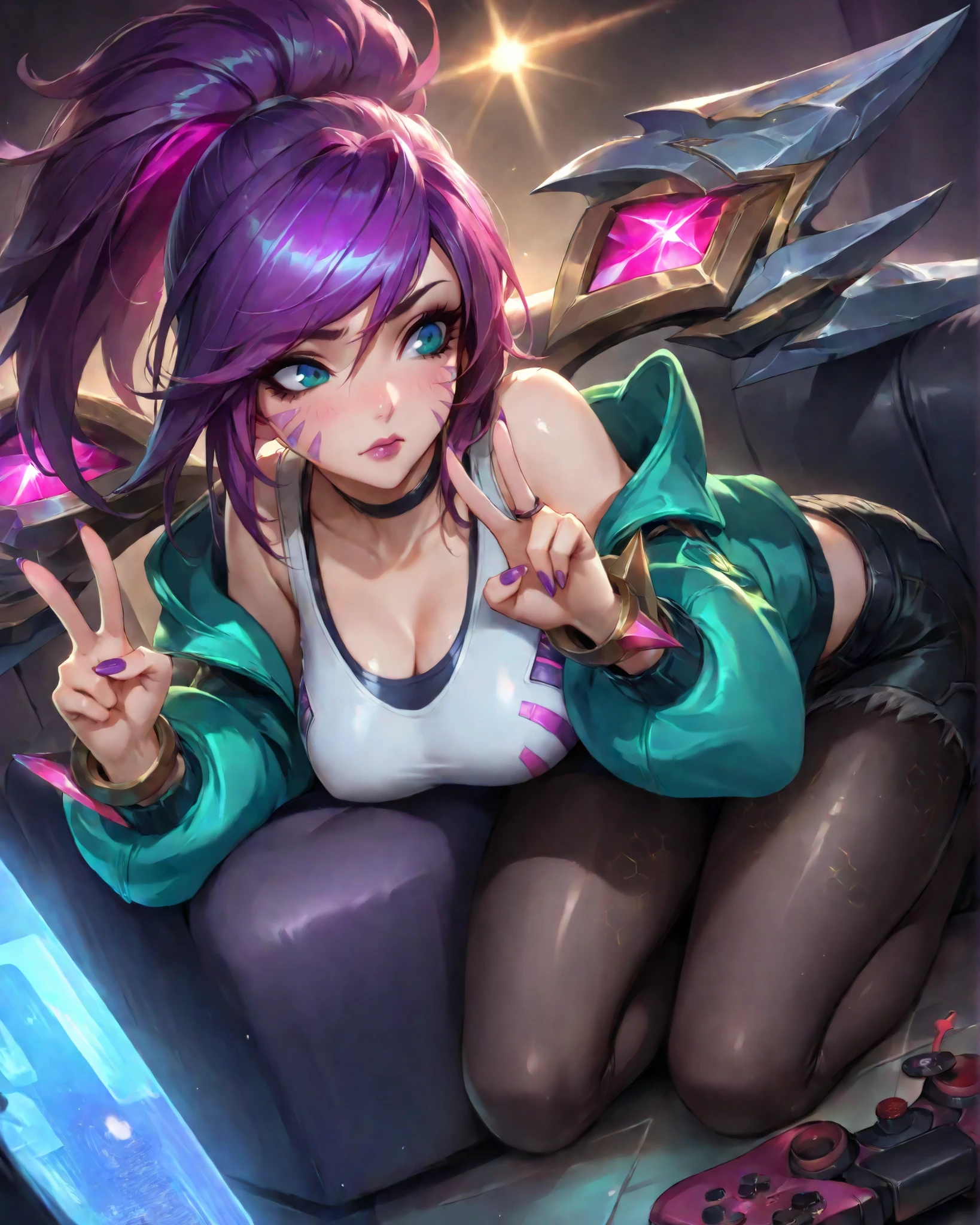Masterpiece, ultra detailed, 4k resolution, cinematic lighting, dynamic angle, perfect anatomy, natural proportions, expressive faces, realistic shading, smooth ambient occlusion, Kaisa (from the game League of Legends) wearing her arcade skin with long mohawk hair in shades of purple and neon pink, flowing back. She has a confident look, with striking makeup and purple lipstick. She wears a technological headset with a holographic display, She wears a short aqua green jacket with futuristic details, open over a metallic gold top with a "V" neckline. Dark shorts and gold tights with a pixelated effect cover her legs. Her arms have technological bracelets with visible circuitry, She wields two energy chakrams, gold with neon blue outlines. On her back, she carries compact and shiny technological wings. Her look combines strength, agility and digital style, like a warrior from a futuristic virtual world. while sitting on the floor leaning against a couch in front of a TV where you can see that it is on because there is light coming out of it, she holds a super nintendo type video game controller while the other controller is lying on the floor next to her, she looks at the controller on the floor with a sad expression in her eyes, as if someone was missing by her side, warm colors, bright color strokes, perfect lighting