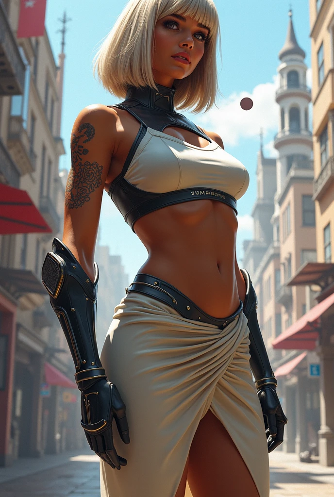 (butt), (sexy girl), masterpiece:1.5, best quality, full body, 1girl, bangs, blush, breasts, collarbones, ear piercings, eyebrows visible through hair, (gradient white hair), jewelry, looking at the viewer, piercings, (half-naked), (red underwear), short string tank top, (panties), bright eyes, ring, (solo), illustration, fashionable, woman, posing, detailed background, sexy expression, attention-grabbing scene, focus, dynamic pose, thick thighs, abs, sweaty abs, sexy thighs, thin waist, sexy grin, sexy glare, cinematic lighting, city scape, city background, outside, outdoors, rooftop:1.5, backshots:1.7, back camera,