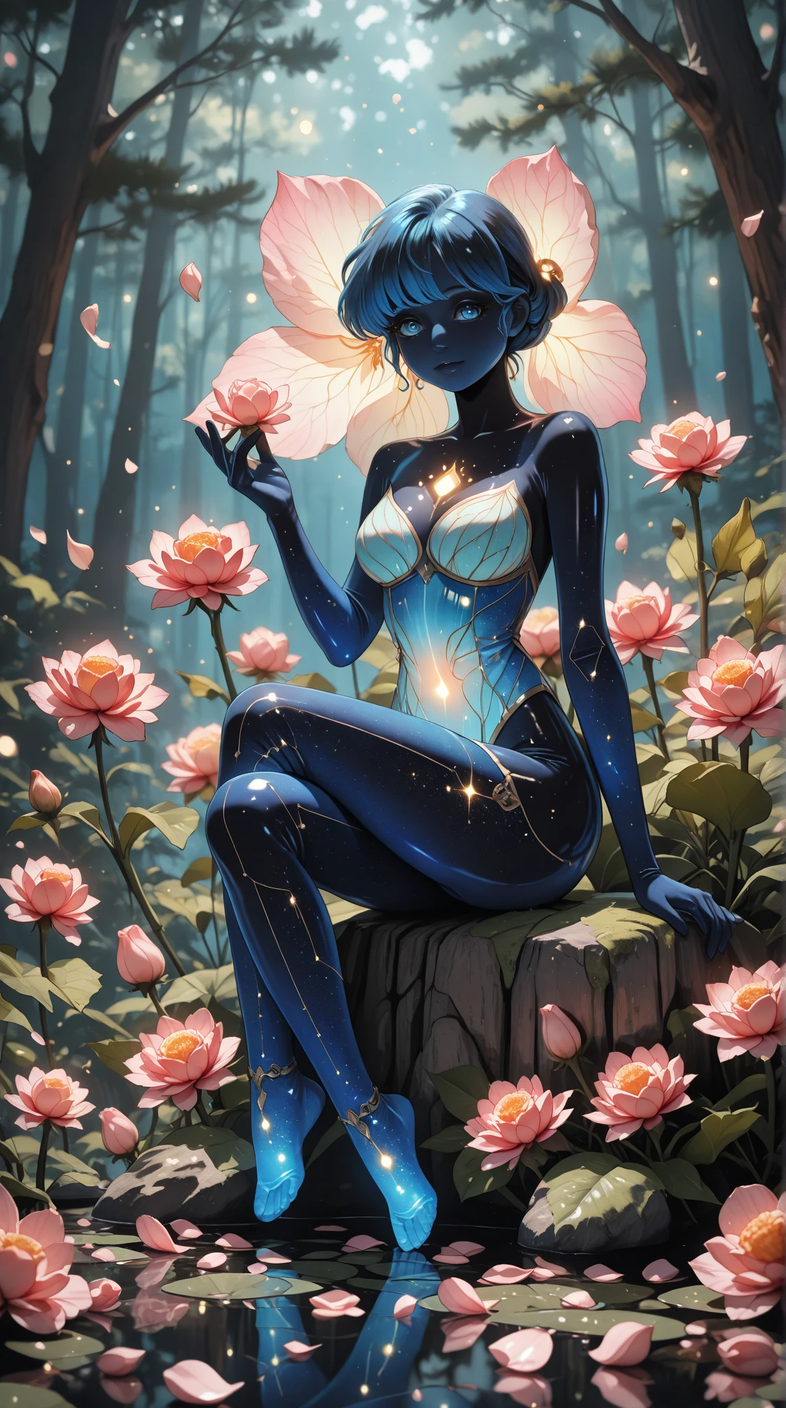 (realistic: 1.3) (original: 1.2), masterpiece, best quality, ((hibiscus flower blooming on a gnarled branch on a gray background)), fractal mandala background, poetic intimacy. colorful, beautiful naked forest goddess, expressive eyes, perfect face, highly detailed, high resolution, 1 sexy girl dressed in forest, flowers, leaves, mandalas, fractal, girl in the forest, forest goddess, ((old antique clock floating )), ((lamp hanging from the tree)), ((full body)), black hair fused with gold, exaggeratedly long hair, hair blown by strong wind, ((transparent clothing)), ((exposed breasts)), ( (transparent open top)), mandala and flower tattoos, illustration, very delicate and beautiful, very detailed, CG, Unity, 8k wallpaper, huge file size, very wide lens, soft lighting, slight smile, (( transparent clothing showing naked body)), ((well detailed eyes looking up)), ((Latin girl sitting on tree trunk)), oil painting, Latin tanned skin, ((full moon night sky )), ((falling autumn leaves)), ((girl looking at an old clock)), nsfw,(( Felicity Jones)), (sensual), (Extremely beautiful), (erotic:1.2), (sublime: 1.0 ), (Extremely sensitive: 1.0), (wise and understanding: 1.2), nsfw, sfw, ((skin wet with water)), ((feet stepping on grass)), ((girl sitting on tree trunk, feet stepping on grass)), blushing face, lantern, fog, mystery and fantasy, ((reflection of full moon in a distant lake)), distant mountains, wlop style, ((Roman column)), ((wall with ivy and flowers)), (wall with Bougainvillea)), ((Bougainvillea tree))