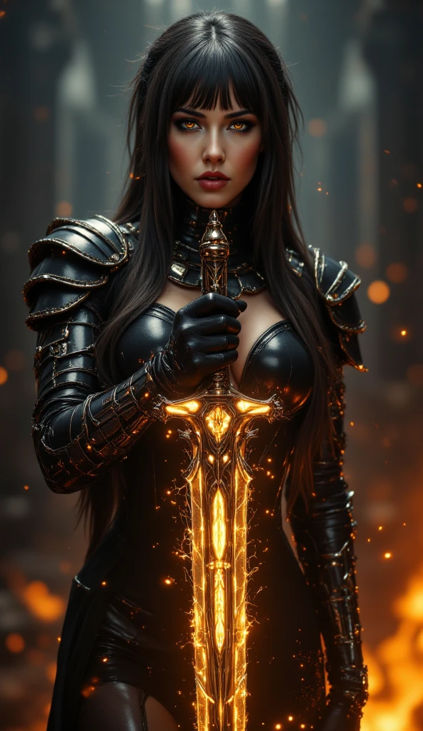 (wide shot) Realistic women with black scary armor, Holding fire Sword, human face, long hair, perfectly detailed on dragon armors, Super detail face, high details on face, realistic face, character highly detailed, character sheets, Detailed, sharp focus, Super detailed full body, 32k resolution, Only a reality graphic, epic background, epic pose, horror, high resolution, Resonance, fire and ash background --niji --ar 9:16 --chaos 100