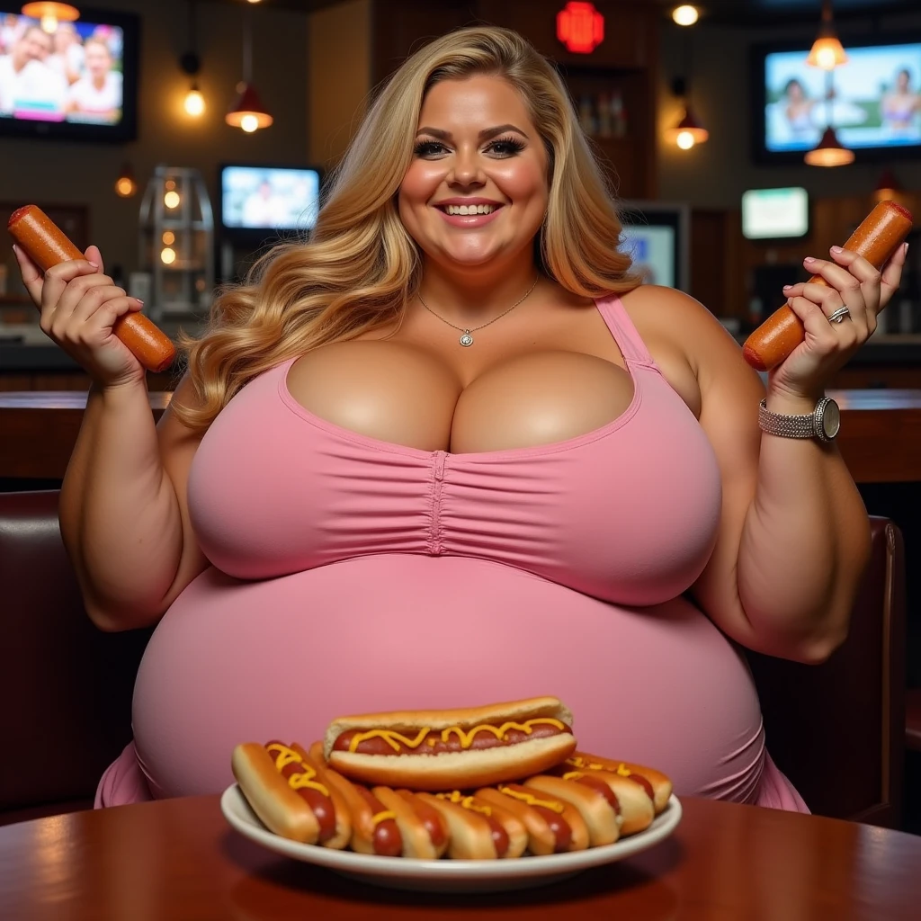 A happy/excited detailed photo of a cute ginger SSBBW, with long wavy ginger hair, with big soft fat belly, small saggy breasts in a cute orange dress, sitting at a table in a beautiful authentic italian restaurant at night, there is a huge family-sized pizza ahead of her, she is sitting on a chair behind a table and pizza