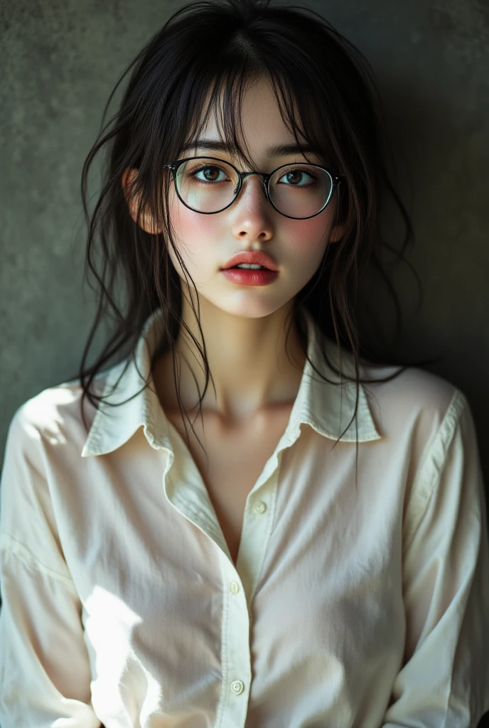 ​masterpiece、top-quality、High-quality images、hight resolution、8K、1lady、detaileds、Detailed eye depiction、skin gloss、Lustrous hair、　　　((Favorite hair color today))((More disheveled hair、I'm wearing round glasses、real  face、Good posture、Monacaware、Its name is Monaca Kashino:1.3))、　　((obedient character、Not very confident、Emotional manifestation:1.2))　((Narrow old room、Lots of bookshelves、Pile of used books))　　　　　　　　　　　　　　　that'Naughty girl、What an embarrassing girl
