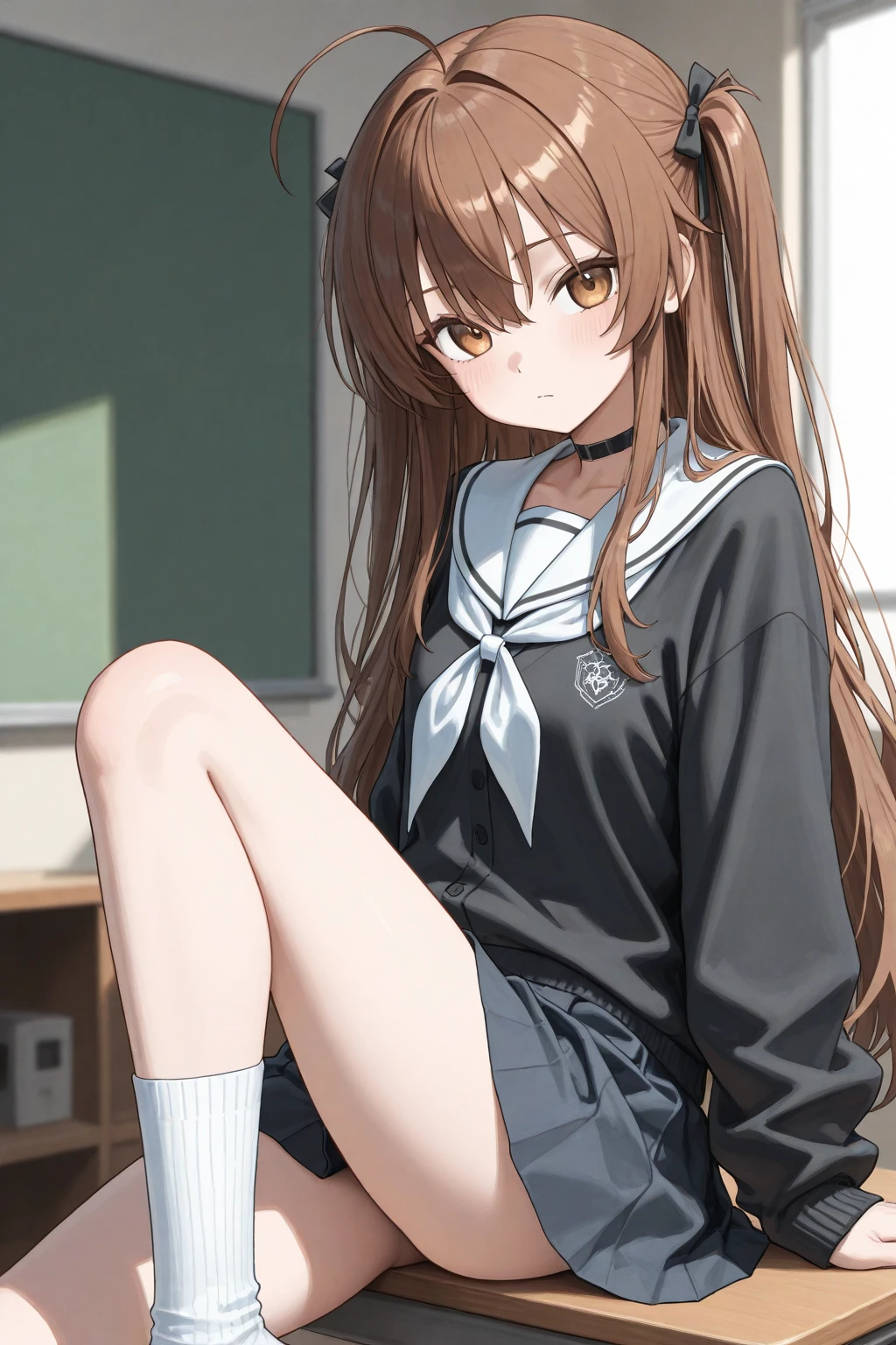 ​masterpiece, hightquality, top-quality, hight resolution, 4K, high-detail, beautiful  lighting,extra detailed face, well-drawn hands, well-drawn legs,well-drawn feet,well-drawn eyes,1girl in, ​masterpiece、top-quality、hight resolution、Yoko Akabane、black thighhighs、pleatedskirt、Plaid skirt、校服、One side up、a bow tie、Sweaters、white  shirt、Hair scrunchies、a miniskirt、Medium ass, cleavage of the breast, 鎖骨, Unbuttoned shirt、unbuttoned blazer、Smacked from behind、on all fours、1 boy、、、Sweating、Sweat on、