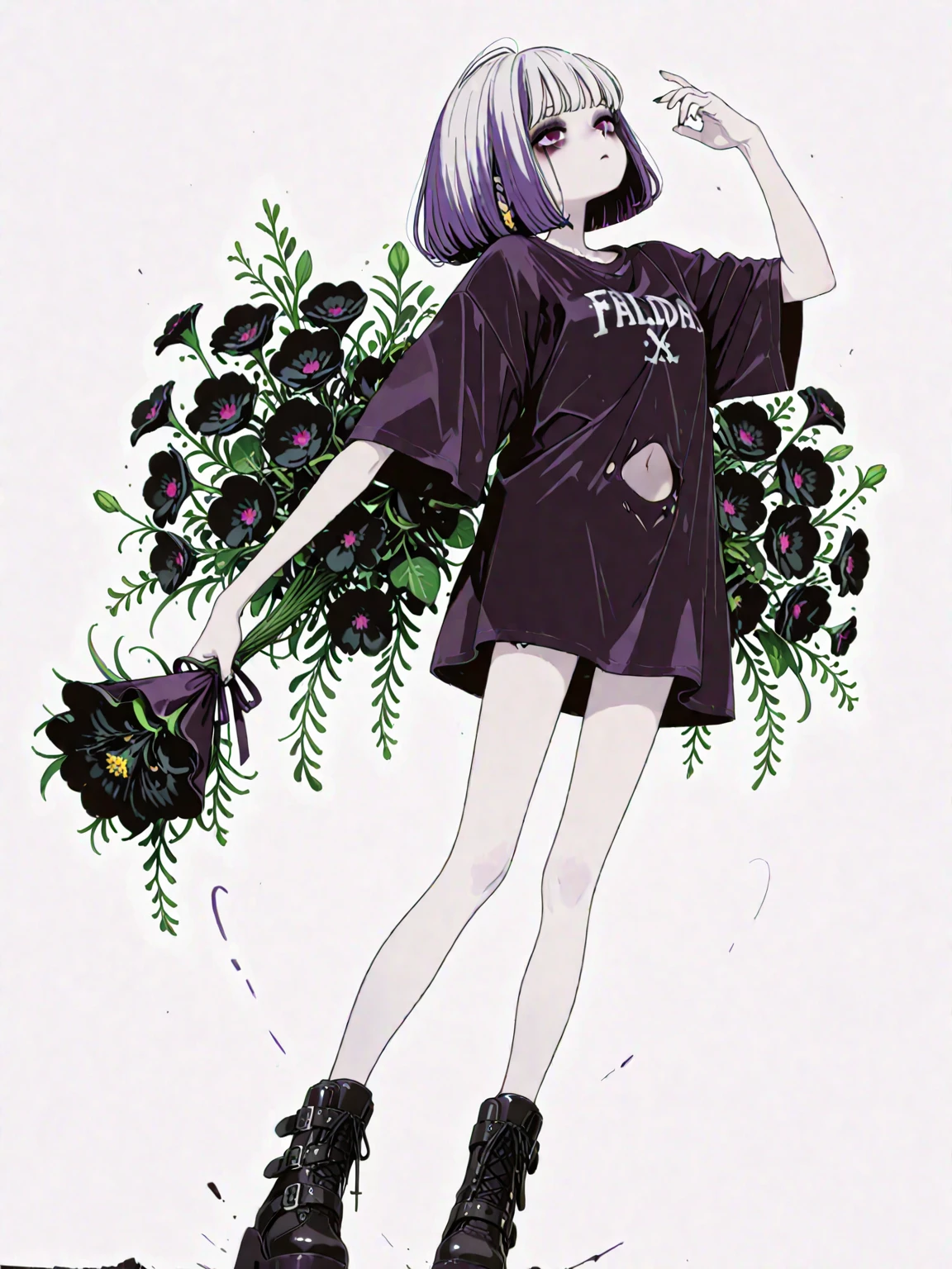 full body, solo, 1girl, seductive smile, arms at sides purple hair, bangs pinned back, dark green eyes, dark purple aran sweater, Amaranthus_hypochondriacus \(flower\), floral background <lora:Sheya_style_v01.10.10.01:1>