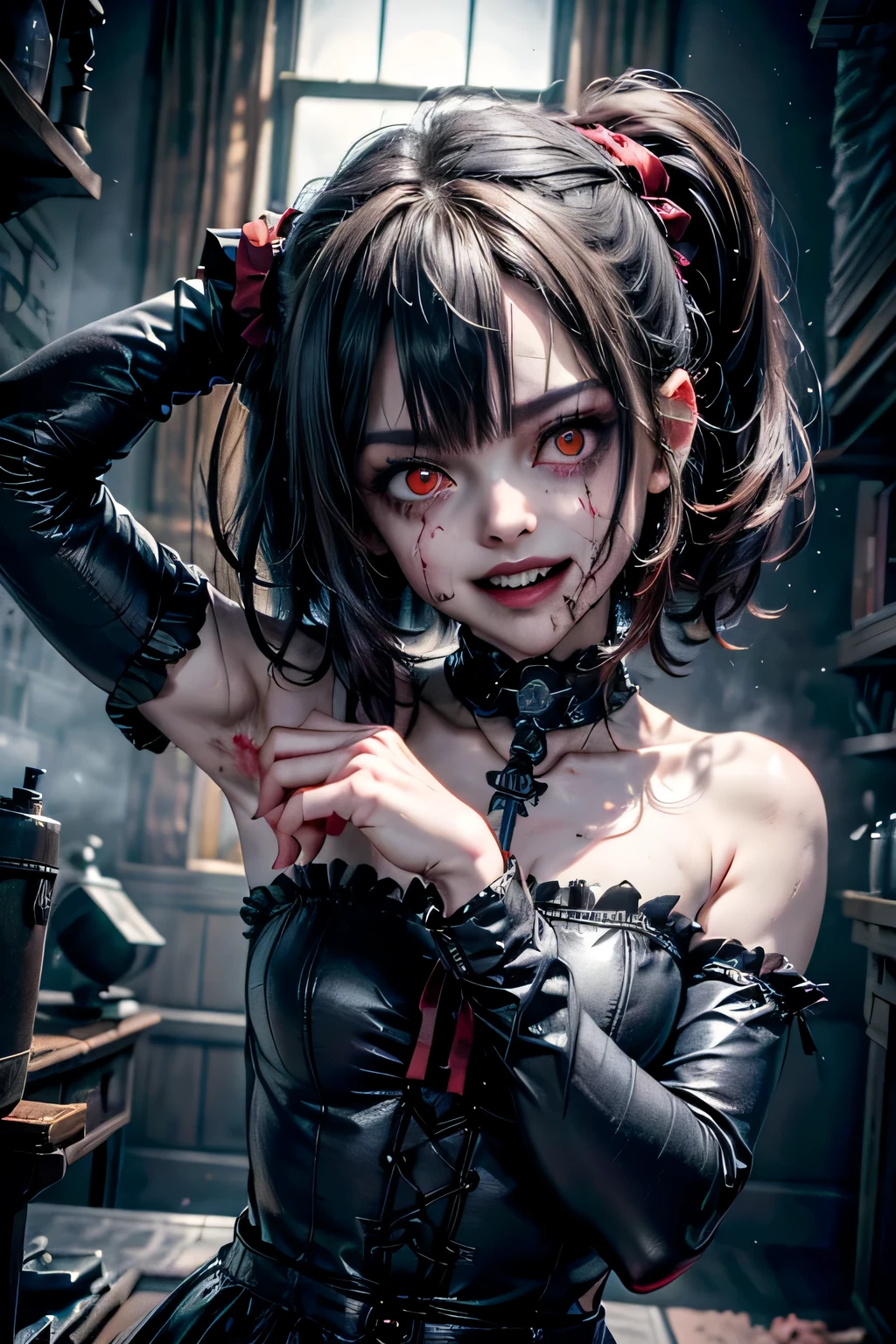 (best quality,4k,highres:1.2),ultra-detailed,realistic,portrait,girl,staring at camera,malevolent grin,exposed teeth,wide smile,bloody butcher knife,background,family,family dead,bloody scene,dark atmosphere,horrifying,dreadful,creepy,vivid colors,sharp focus,detailed eyes,expression,murderous intent,dangerous,emotion,psychological horror,nightmare,macabre,artistic,terrifying,horror movie,horror theme,horror film,low-key lighting,bloody hands,bloodstains,evil,menacing,horror story, doll style, horror
