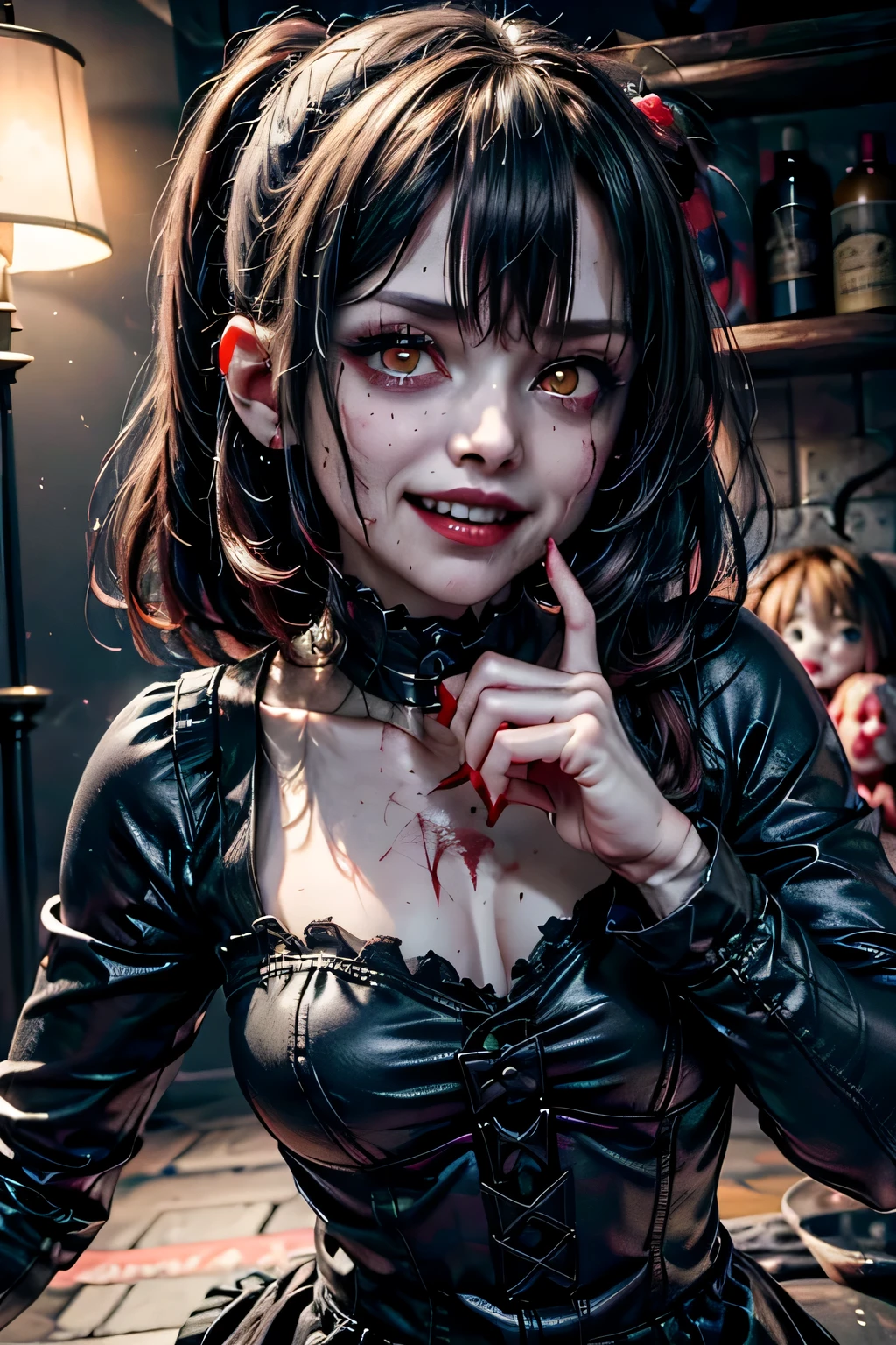(best quality,4k,highres:1.2),ultra-detailed,realistic,portrait,girl,staring at camera,malevolent grin,exposed teeth,wide smile,bloody butcher knife,background,family,family dead,bloody scene,dark atmosphere,horrifying,dreadful,creepy,vivid colors,sharp focus,detailed eyes,expression,murderous intent,dangerous,emotion,psychological horror,nightmare,macabre,artistic,terrifying,horror movie,horror theme,horror film,low-key lighting,bloody hands,bloodstains,evil,menacing,horror story, doll style, horror