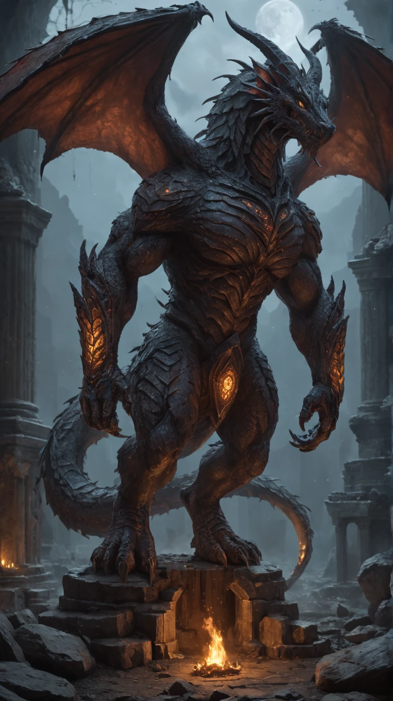 RAW photo, (high detailed skin, detailed eyes:1.1), intricate details, best quality, 8k uhd, soft lighting, 1girl, dragon_form, fire, ruins, muscular, kentaro_miura_berserk <lora:kentaro_miura_berserk:0.6> <lora:dragon_form:0.8>