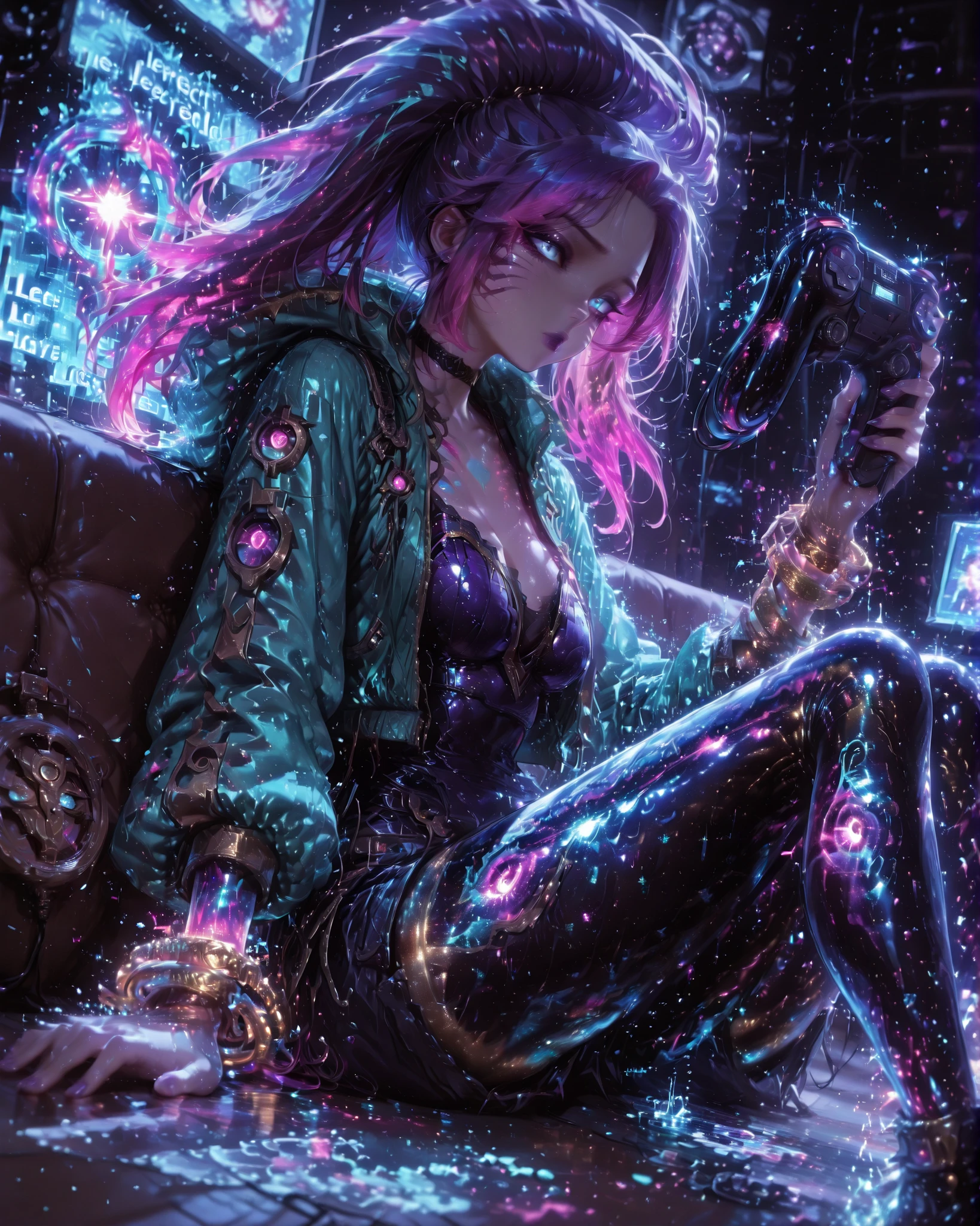 Masterpiece, ultra detailed, 4k resolution, cinematic lighting, dynamic angle, perfect anatomy, natural proportions, expressive faces, realistic shading, smooth ambient occlusion, Kaisa (from the game League of Legends) wearing her arcade skin with long mohawk hair in shades of purple and neon pink, flowing back. She has a confident look, with striking makeup and purple lipstick. She wears a technological headset with a holographic display, She wears a short aqua green jacket with futuristic details, open over a metallic gold top with a "V" neckline. Dark shorts and gold tights with a pixelated effect cover her legs. Her arms have technological bracelets with visible circuitry, She wields two energy chakrams, gold with neon blue outlines. On her back, she carries compact and shiny technological wings. Her look combines strength, agility and digital style, like a warrior from a futuristic virtual world. while sitting on the floor leaning against a couch in front of a TV where you can see that it is on because there is light coming out of it, she holds a super nintendo type video game controller while the other controller is lying on the floor next to her, she looks at the controller on the floor with a sad expression in her eyes, as if someone was missing by her side, warm colors, bright color strokes, perfect lighting