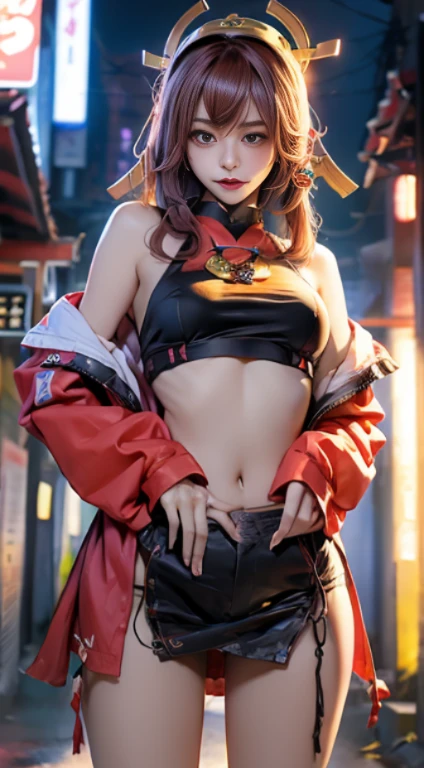 (masterpiece), (Highest quality), (Very detailed), Intricate details, 1 girl, alone, Red eyes, Red Hair, short hair, Hair Bun, Medium breath, Red fingerless gloves, White Chinese Dress ,Shorts, short boots,(Outdoor), photo shoot, smile, blush, sunny, Browsing Caution, Kung Fu Pose, Blurred Background, Street background, information, Glamorous figure, Big breasts