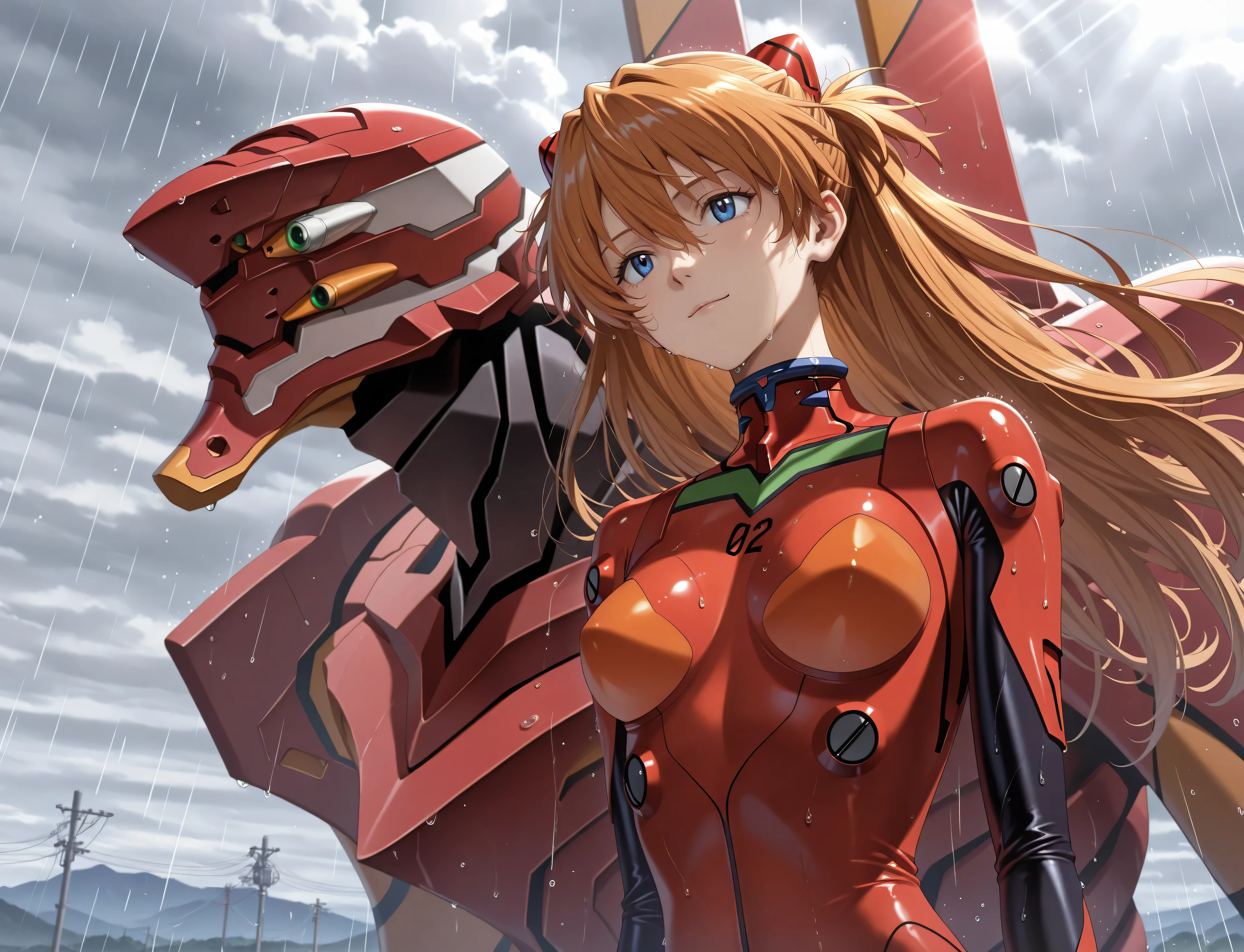 (masterpiece,best quality,amazing quality:1.2),very aesthetic,absurdres,highres,newest, ray tracing, <lora:dark:0.6>, 8k, souryuu_asuka_langley, bodysuit, solo, upper-body, detailed background, facing_up, wet, head up, grey sky, rain, light smile,blurry background,outdoor,day,sunlight,windy,epic,dutch angle, neon genesis evangelion, depth of field, <lora:Eva_02:1>, eva_02 background,