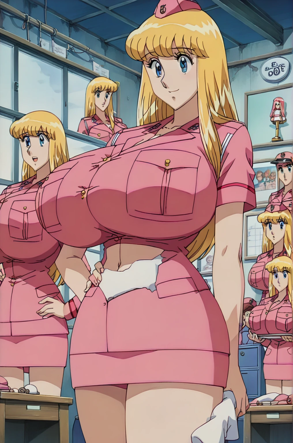 (Reiko Akimoto), (sleeveless, pink police uniform), embarrassing big smile, (masterpiece, best quality), delicate illustration ultra-detailed, sagging gigantic huge breasts, (in police box, counter desk, crowded), ((showing hairy armpit hair)), upper body only, sweating, hand behind head, stomach hair, bukkake, cum shot, hentai atmosphere, blonde, big hip