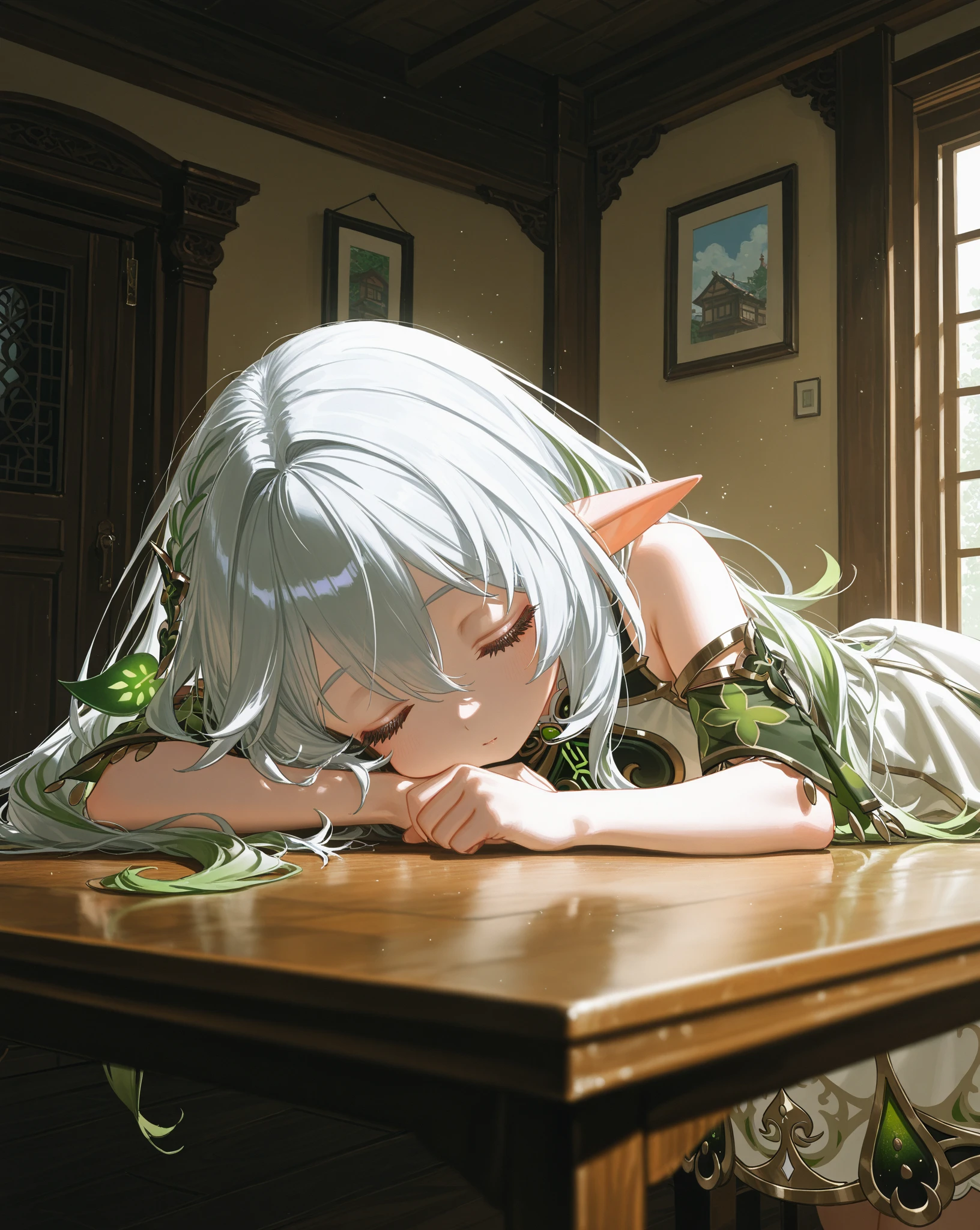 "high resolution, close-up of a dead elf lying on the ground of a battlefield, show the elf&#39;s entire body. The elf has long, blonde hair., dirty with blood and dirt, scattered around the head. Your eyes are closed, with an expression of peace and sadness. His pale skin contrasts with the elaborate, detailed armor., that is broken and stained with blood. A black arrow is stuck in your chest,