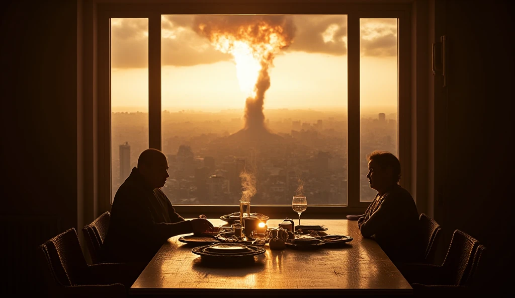 An ultra-realistic and highly detailed photograph from the 1960s. It depicts an American family having their breakfast on an ordinary day, but all are wearing gas masks due to the fear of an attack. In the background, the formation of a nuclear mushroom cloud is visible on the horizon due to the detonation of a nuclear bomb. The photograph is captured using equipment from the era. The image has a prize-winning quality and is shot with a Hasselblad 500C paired with an 80mm f/2.8 Planar lens, ensuring stunning clarity and rich details. The lighting is natural and soft, highlighting the contrast between the mundane scene and the looming disaster. The aspect ratio is 21:9, emphasizing the horizontal composition 