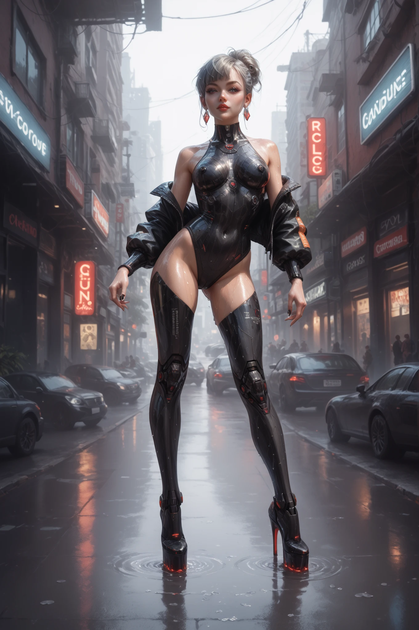 Grey1024,1girl,smooth skin,detailed 16k resolution, futuristic synthetic woman, disheveled multicolor cyber-hair, exposed mechanical components, flesh-toned polymer plating with visible connection points, tall slender android frame, sophisticated joint mechanisms, beckoning pose before strip club entrance, neon signs reflecting off wet pavement, dark urban canyon setting, cinematic composition, muted color palette