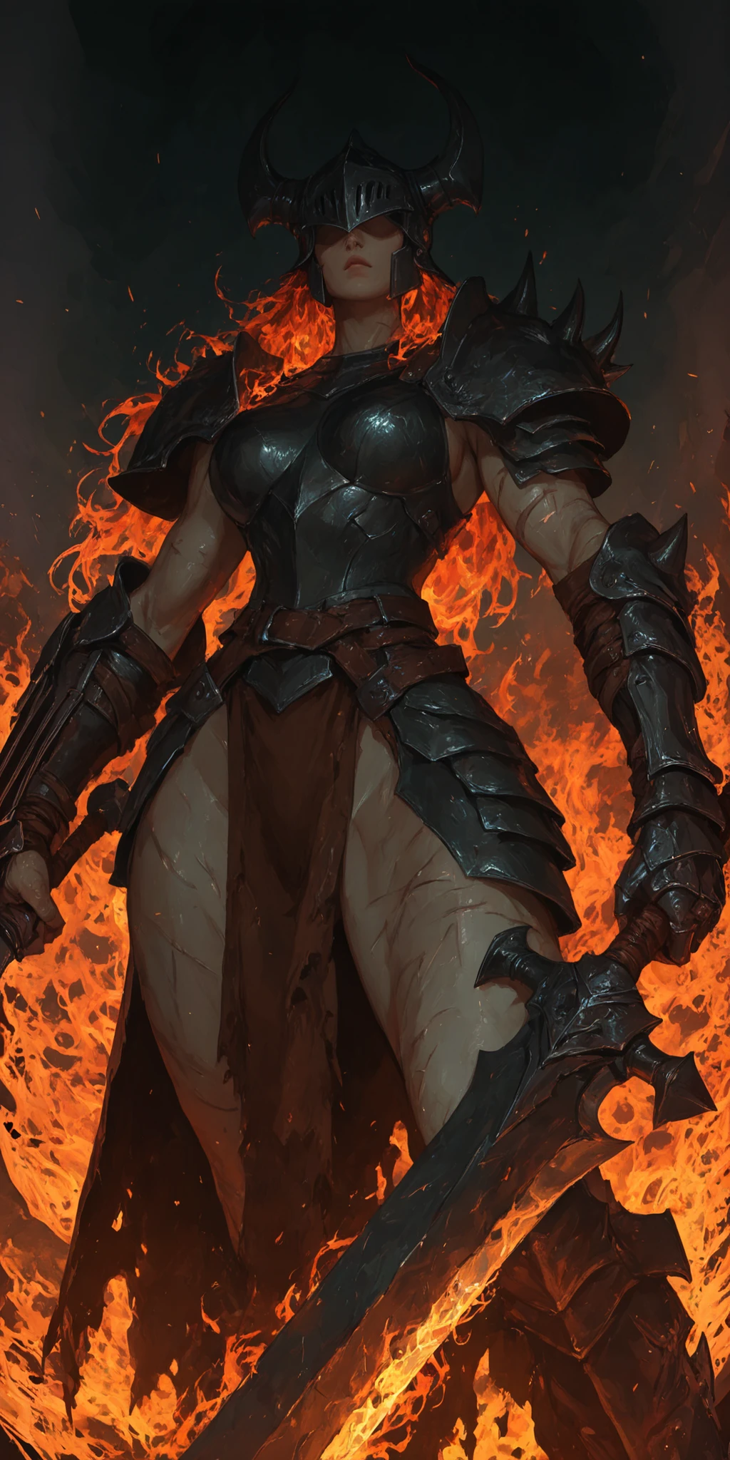 (low angle view:1.5), (fully body:1.5),1 Sexy Demon, queen of the damned, Woman, busty, curvy hips, skull, black armour, (holding flames:1.4), Crown of the thorns of the skeletal ram, Flame Shoes, Dynamic Digital Painting, (bokeh:1.5)，Epic composition, improve the quality of the face