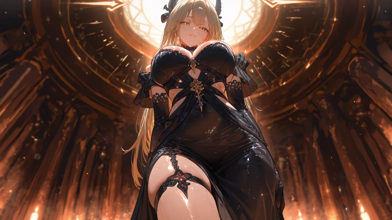 Erotic Anime Illustration、Anime Style、highest quality、The voluptuous princess knight flirts with a smile、Artoria、Nier Automata、Perfect proportions、Gothic chapel、Stained glass、dress、Sex Appeal、Very large breasts、Fatty legs、Exposing erect nipples、Big Ass