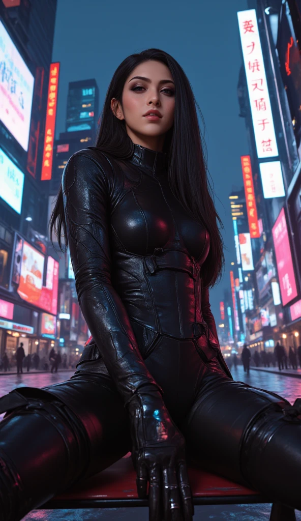 futuristic girl, ninja image, Sexy dressed, Nunchakus, looks sexy, real, beautiful, dressed in futuristic spy outfit, skyscraper in the background