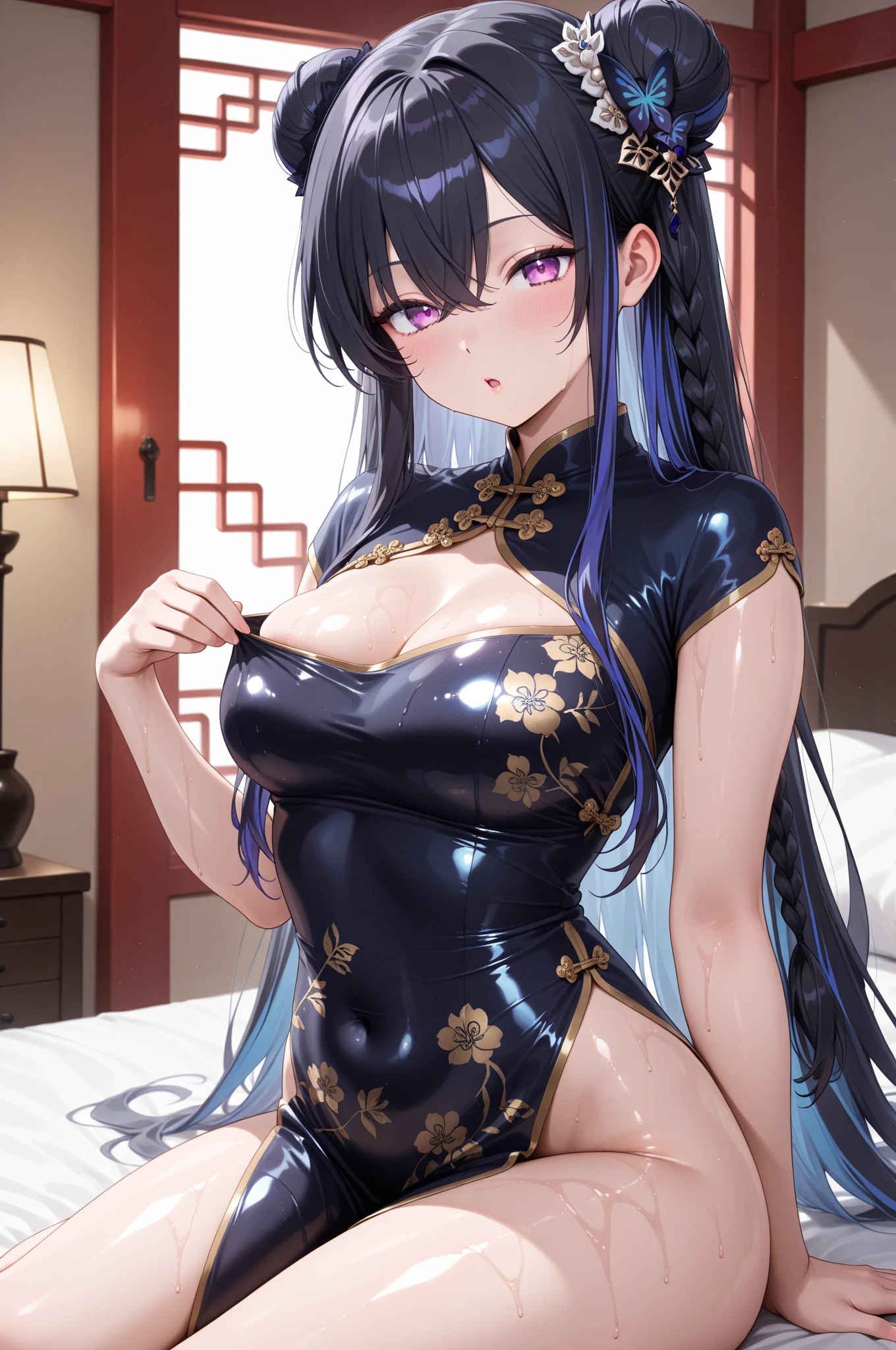 a beauty girl,Mature face,a matural female,Fluffy tail hair,Ultra-loose underwear,clothes slipping off,Anterior convex and posterior,Straight chest,Ruddy complexion,Huge fox tail,nabel,(huge tit),adventurer,tit,areola of breast,pantiess,Stockings,Human Services Group,(Chinese tradition),(Pubic bone),(on cheongsam),Blue hair