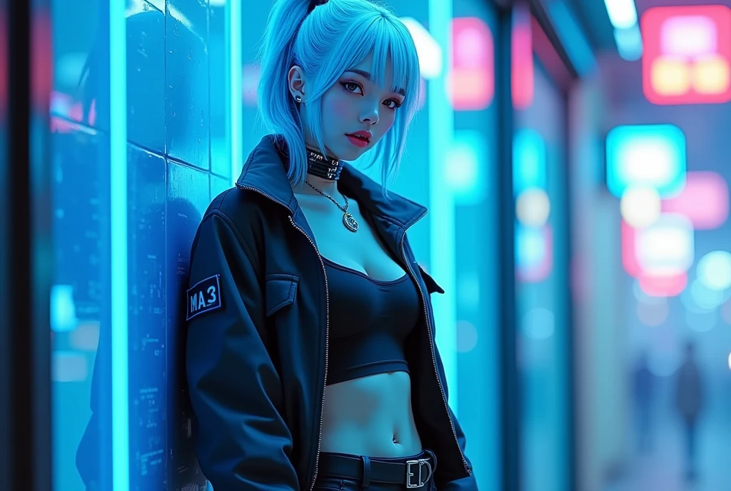 portrait, 1 girl, beautiful face, asymmetrical hair, multi-colored hair, belt, bodysuit, covered mouth, covered navel, detached sleeves, grey eyes, hip vent, open jacket, cute, look at viewer, night city, neon, rainy,