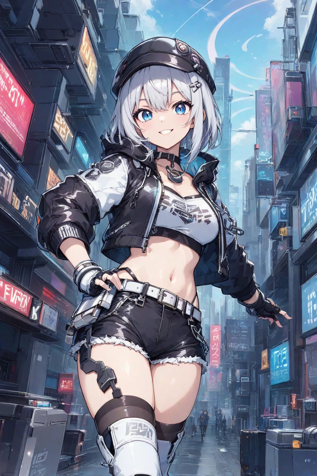 (((grim Reaper's size))) (((Gray Hair short hair blue eyes woman))),((night full moon My own big wings)),(Wearing a hood Black camisole Purple light), A tense look Shining Background Shining Edges