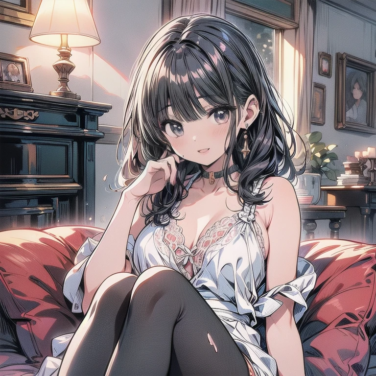 ((((absurdres, RAW photo, extremely delicate and beautiful, masterpiece, Best Quality, ultra high resolution, 32k, hyperrealistic, ultra-detailed)))), in her 20s, very Slim body, narrow waist, very small head, very small face, delicate facial features, beautiful face, beautiful eyes, ((very huge round tits)), medium hair, black hair, wavy hair, tearful mole, earring, full body shot, off-the-shoulder cut top, sofa,