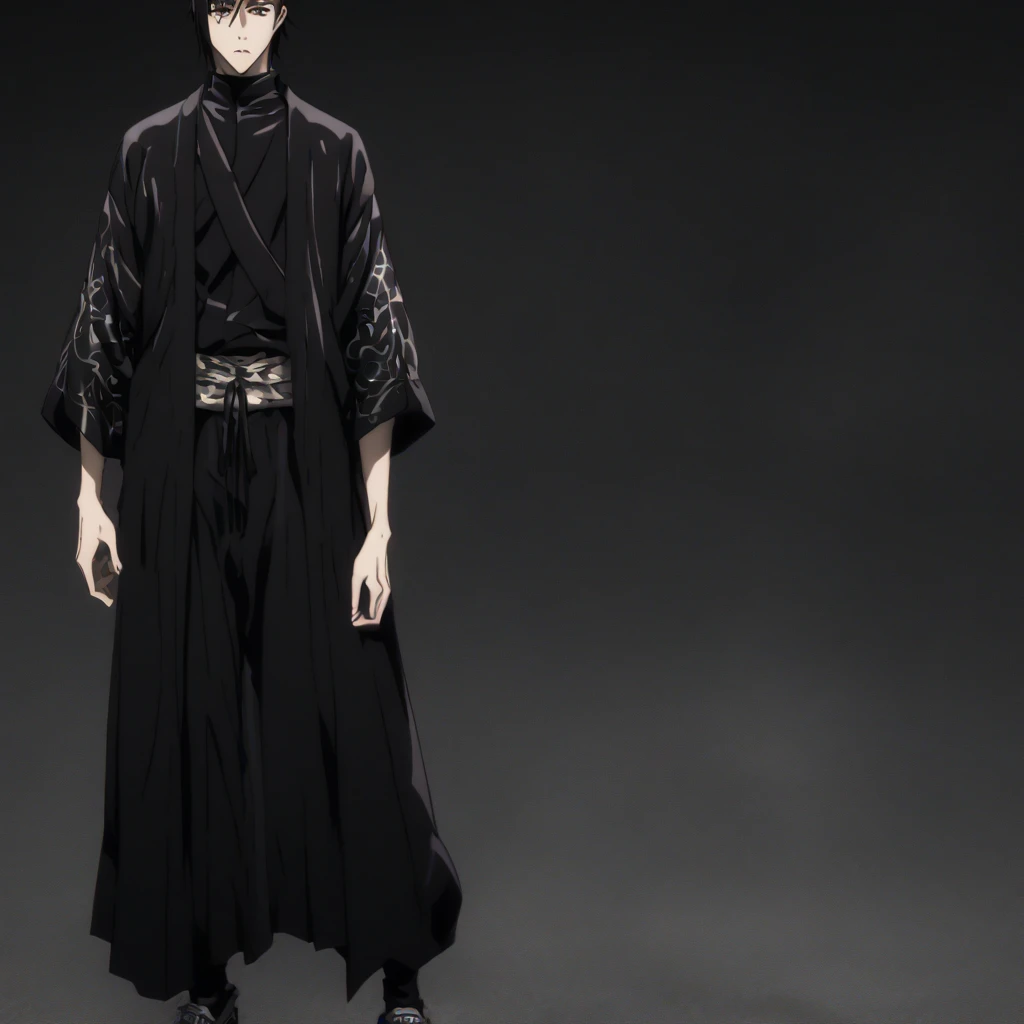 whaite hair，Red eyes，Black-robed boy，Back diagram