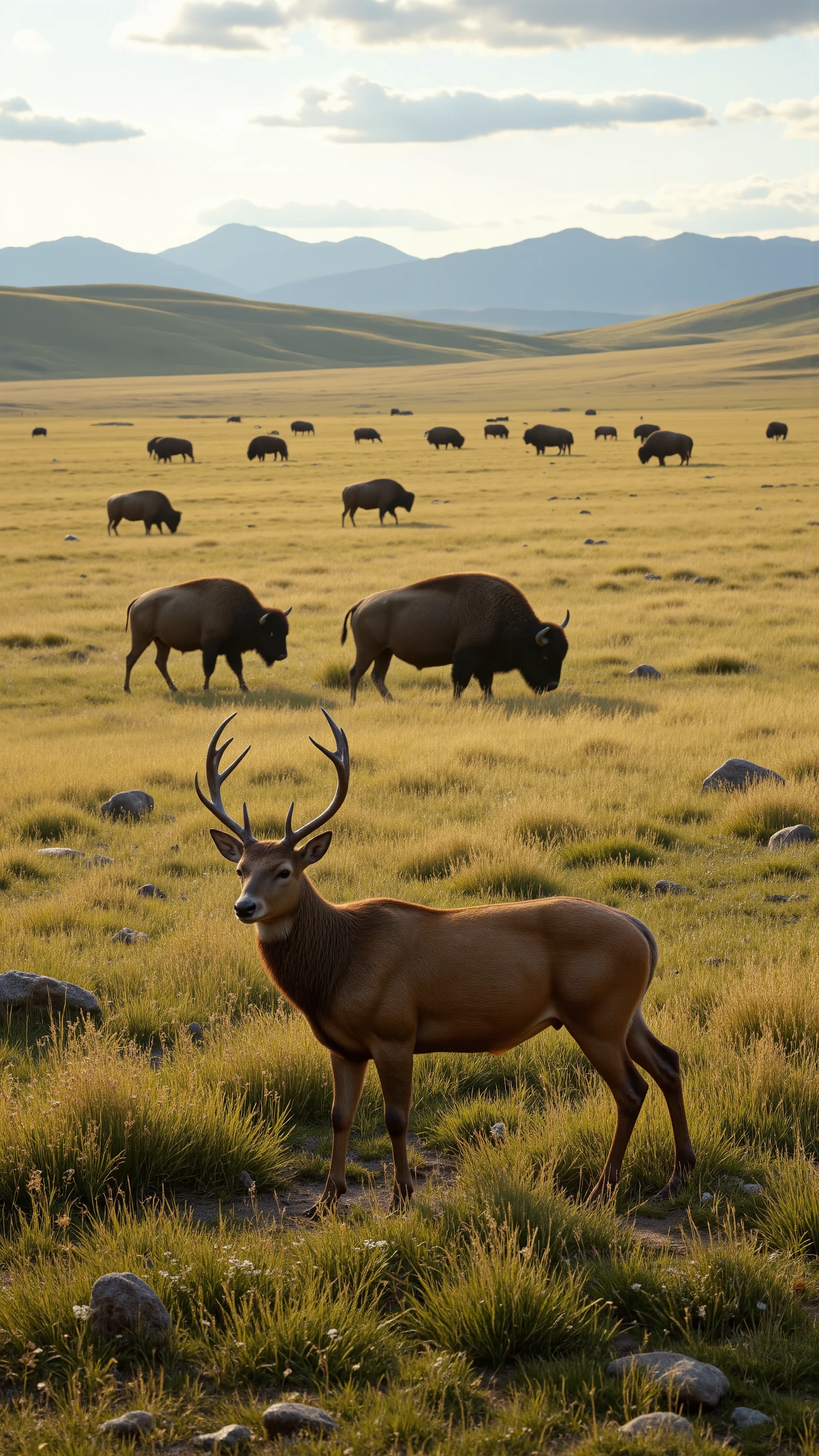 highdefinition images,American red deer living in the plains of アメリカバイソン（バッファロー）、walking on the prairie with Yu々in a group of 4
