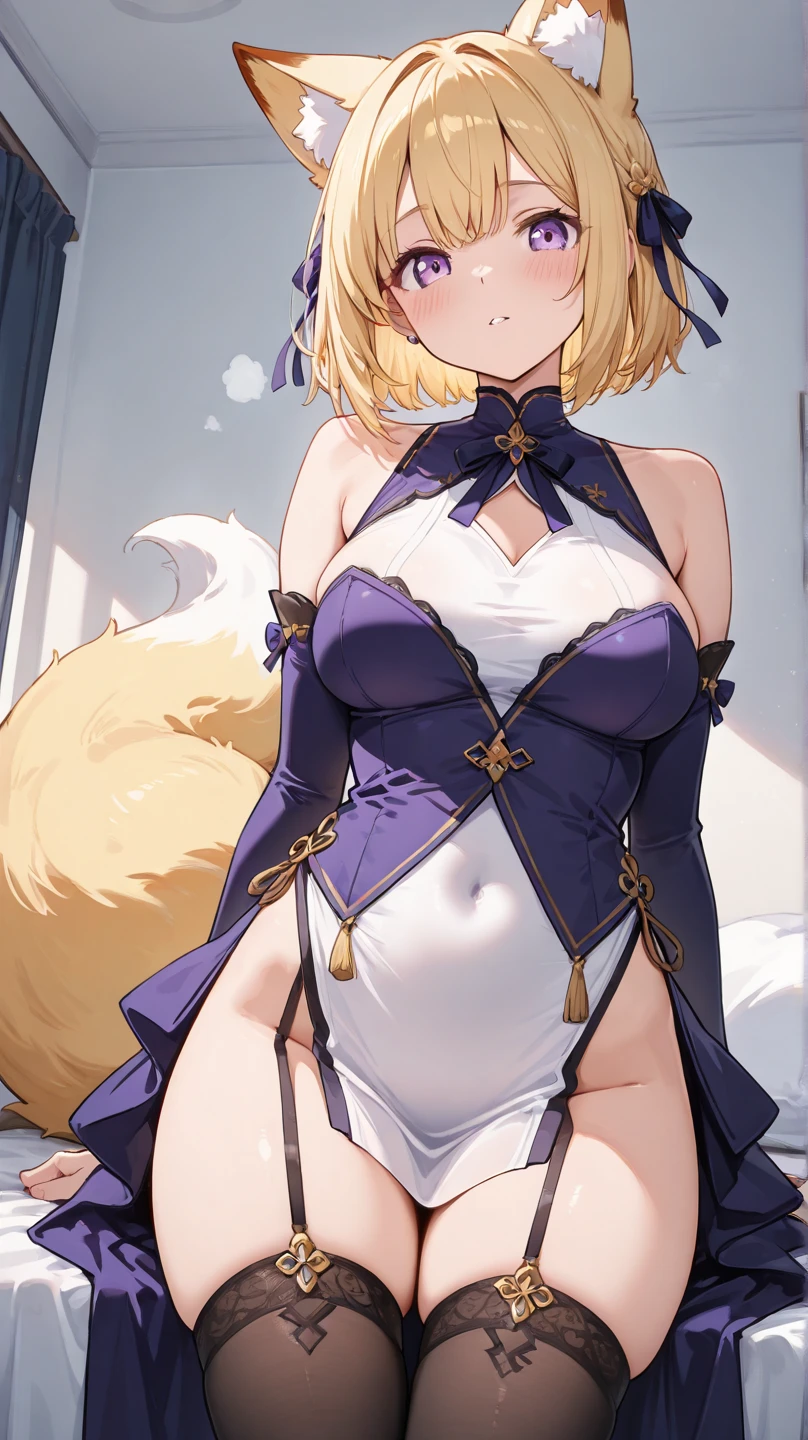 young girl, short blonde hair, Fox ears, violet eyes, tattoo, Scars, naked, nipples, 4k, HD, Good detail