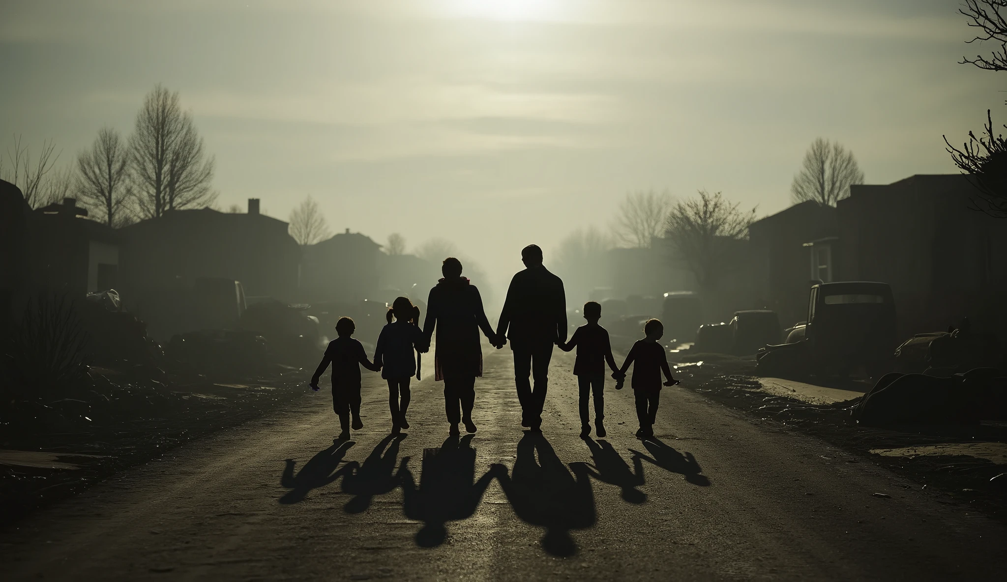A large family of seven—mother, father, three children, and two grandparents—silhouetted against a ruined suburban landscape. They walk together through a devastated neighborhood: houses collapsed or burned, cars half-buried in ash, toys scattered in the streets. The sky is dim and gray, filled with falling dust and distant, silent flashes. The parents lead with quiet urgency, the children clutching stuffed animals or holding each other’s hands. The grandparents trail slightly behind, weary but resolute. No one knows what happened—no sirens, no explanation—just an overwhelming stillness and the aftermath of something unknowable. All around them, remnants of ordinary life rot under an oppressive silence.
Style: gritty realism, cinematic widescreen framing. Mood: solemn, heavy, uncertain. Lighting: overcast with streaks of sunlight breaking through the haze. Color palette: muted earth tones, scorched grays, and soft human warmth. Emphasis on emotion through body language—no words needed.