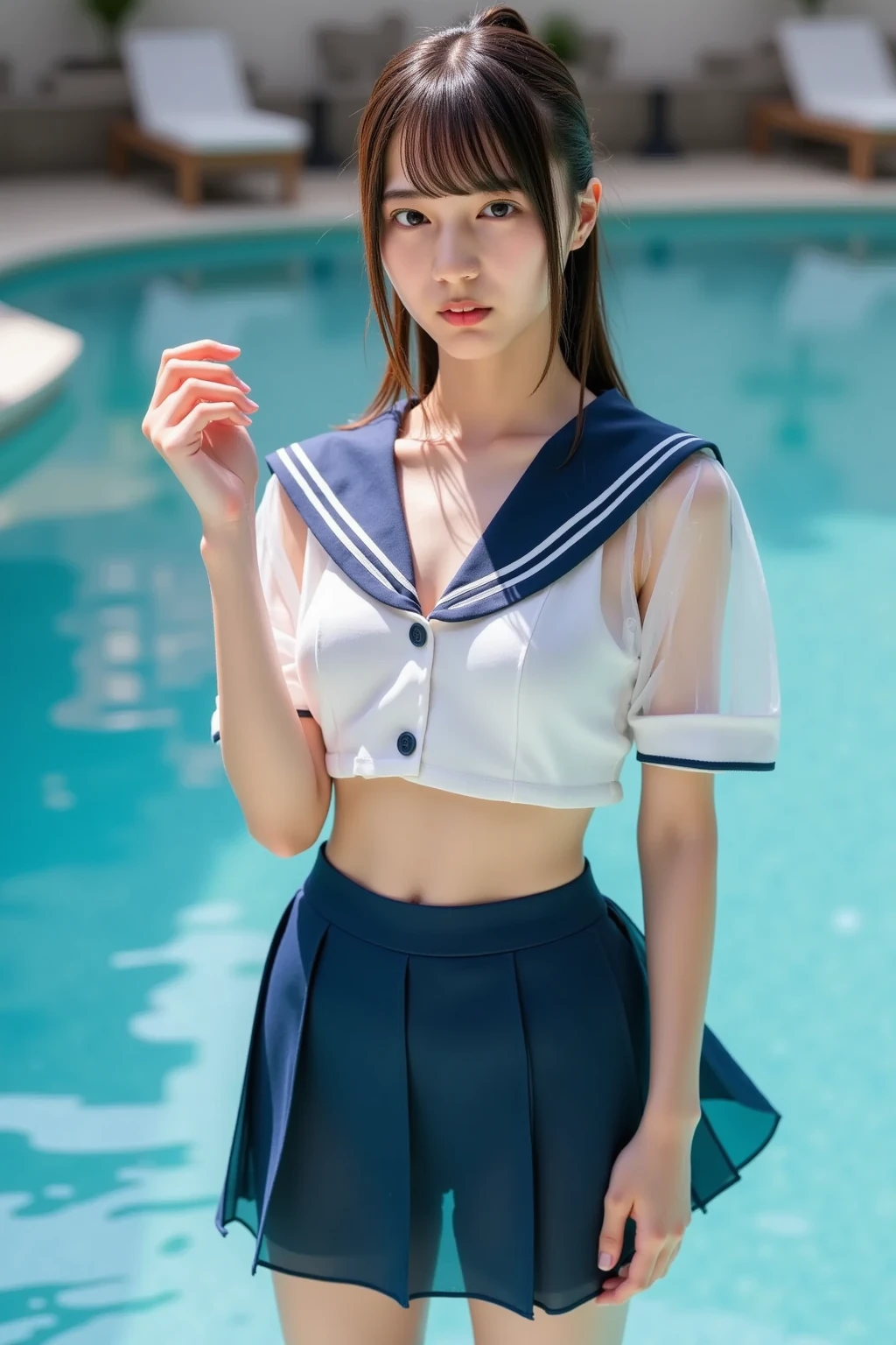 (top-quality:1.1), (masterpiece:1.4), (absurderes:1.0), portlate, a closeup, 1little girl, Sailor Uranus, KizukiAi,, large full breasts, Aqua Eye, brown haired, Sailor Senshi Uniform, Sailor collar, chest bow, Yellow Ribbon, Appealing skirt, White elbow gloves, in poolside, (red blush:1.2), looking at the viewers, How to take off panties for an erection、Ultra Miniskirt、dynamicposes、(look from down:1.2)、Cameltoe.groin、Navel、Spread legs.NSFW、under the boobs