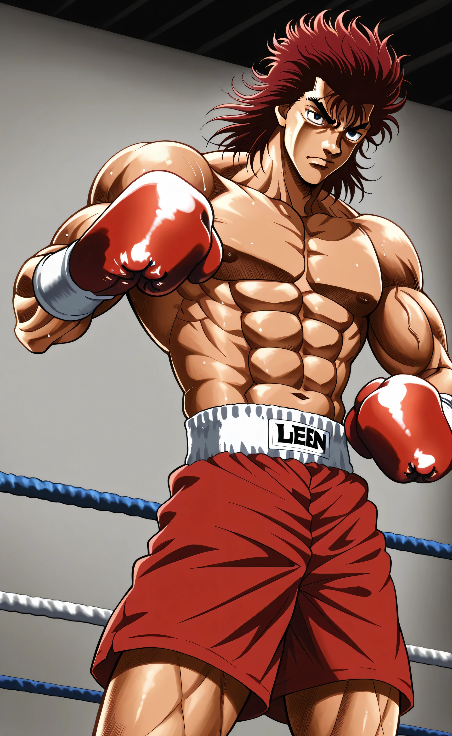 1male,solo,Yujiro Hanma,red hair,medium hair,leen muscle,shirtless,boxing shortpants,Hajime no ippo PS3 style